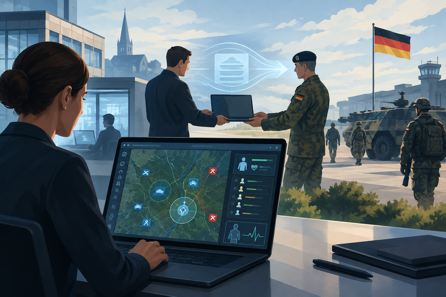 AI-genereret redaktionel illustration til artiklen: Danske Systematic har leveret nyt digitalt system til det tyske forsvar