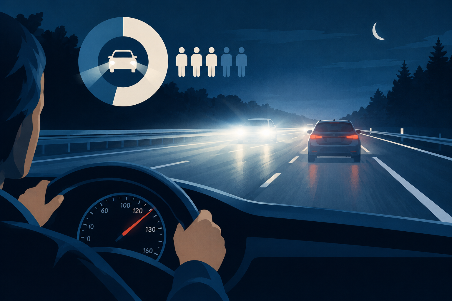AI-genereret redaktionel illustration til artiklen: Mørk motorvej: 58 procent ville holde skiltet fart med nærlys