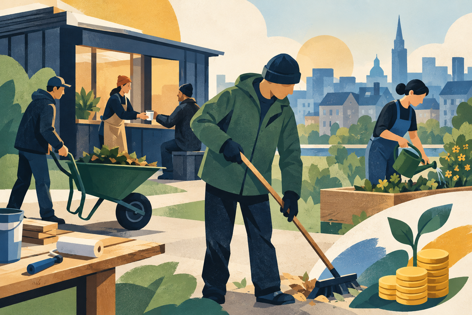 AI-genereret redaktionel illustration til artiklen: Hus Forbi får støtte til flere småjob for udsatte borgere