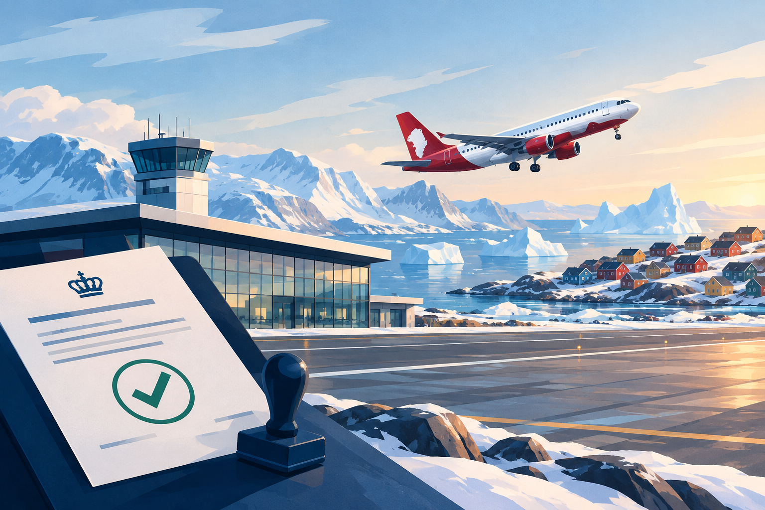 AI-genereret redaktionel illustration til artiklen: Ilulissat får endelig lufthavnsgodkendelse før fly fra København