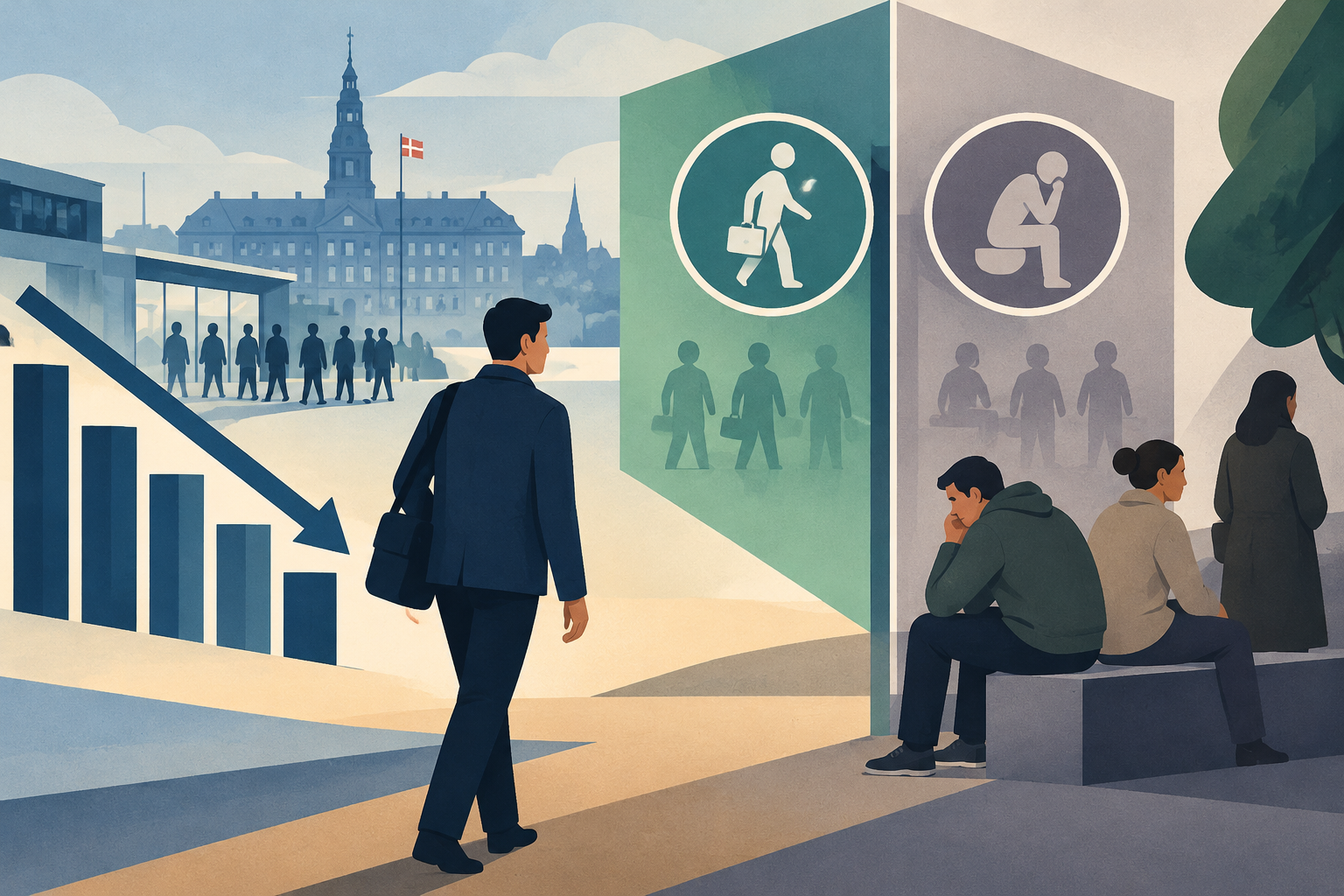 AI-genereret redaktionel illustration til artiklen: Ledigheden falder, men flere står uden aktivering