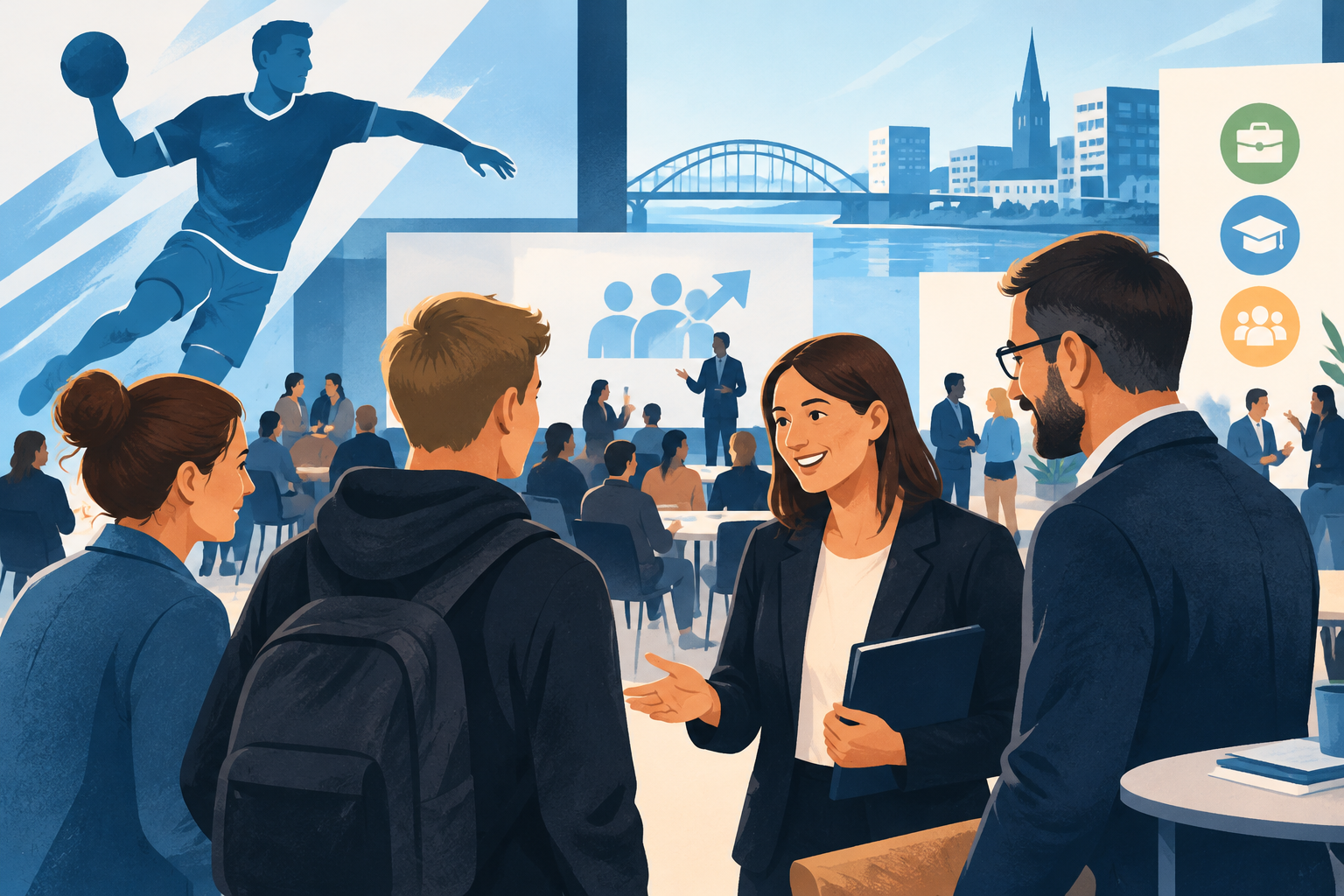AI-genereret redaktionel illustration til artiklen: 66 virksomheder mødt op: Aalborg Håndbold vil hjælpe unge i job