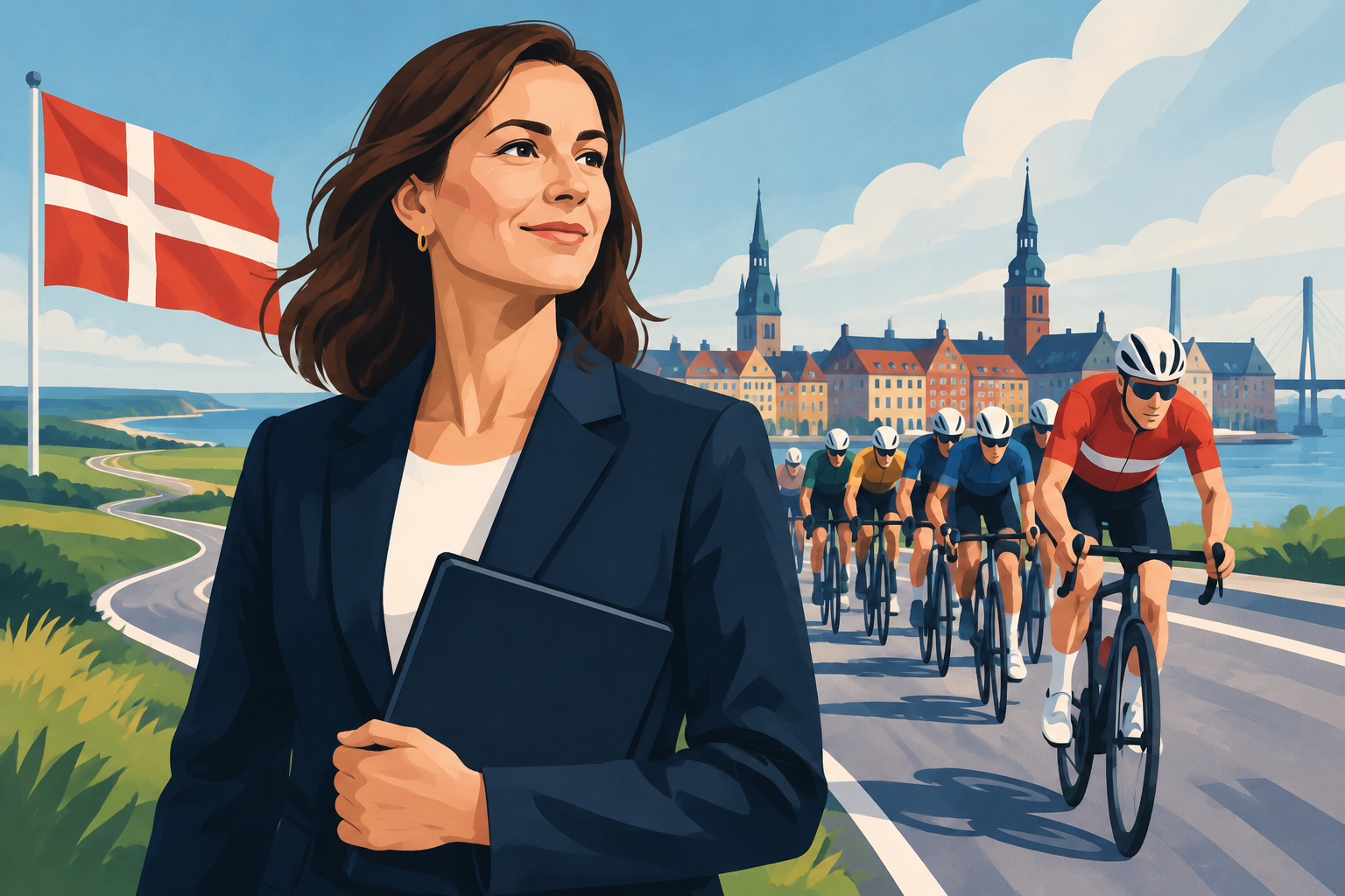 AI-genereret redaktionel illustration til artiklen: Katja Moesgaard udpeget som forperson for cykel-VM i Danmark i 2029