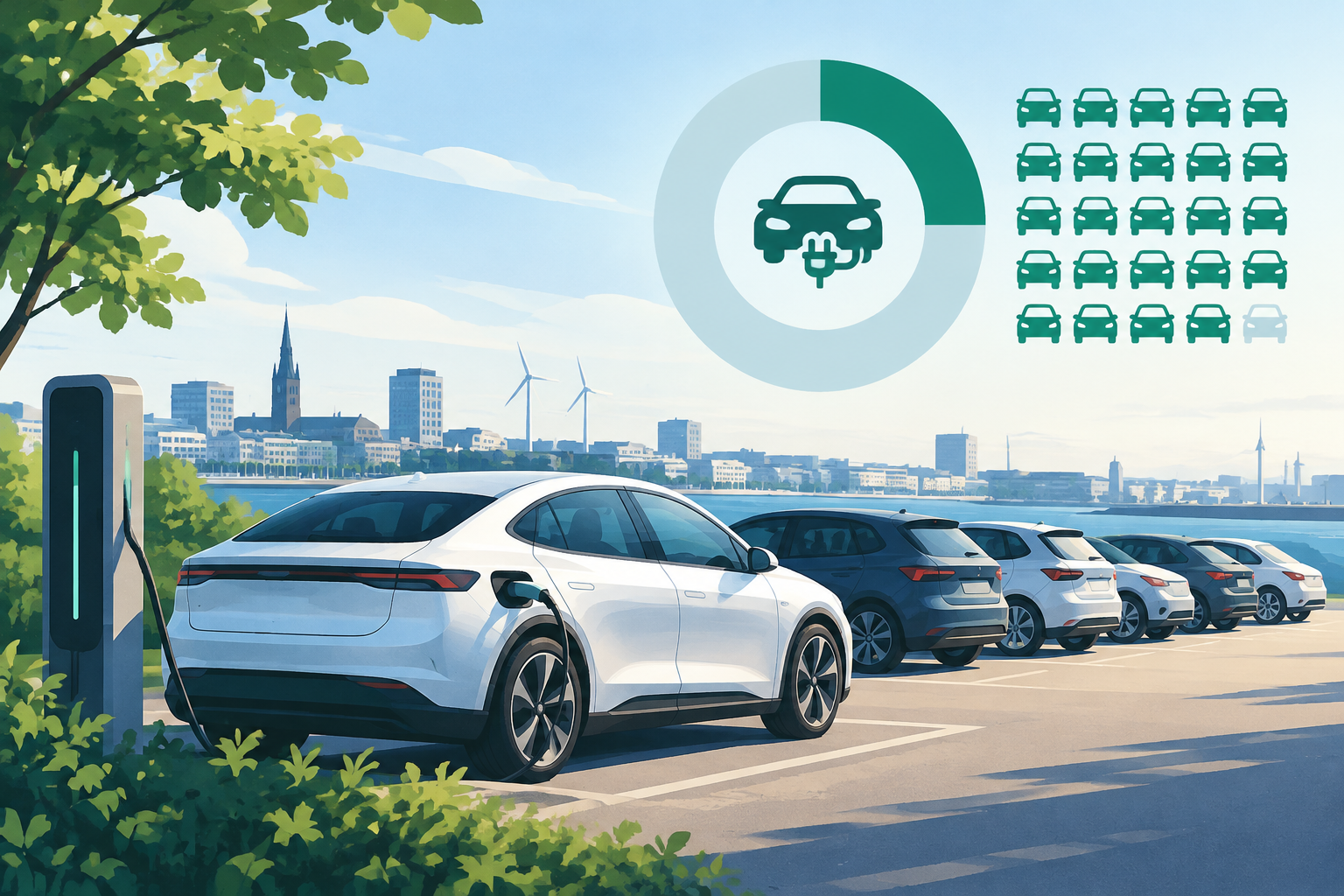 AI-genereret redaktionel illustration til artiklen: Elbiler udgør 24 procent af danske personbiler ved udgangen af september 2026