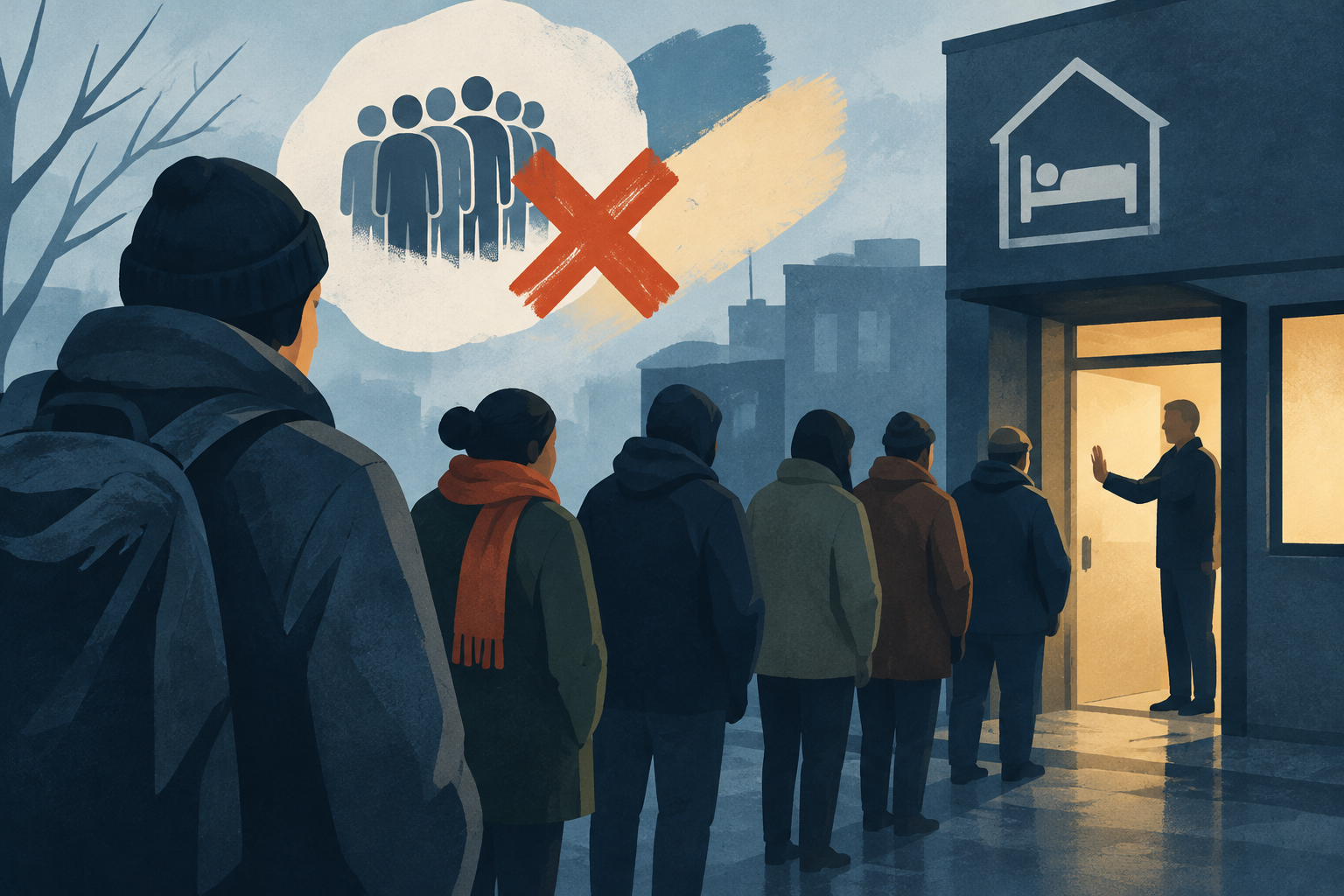 AI-genereret redaktionel illustration til artiklen: Nye tal viser 24.400 afviste henvendelser til herberger i 2025