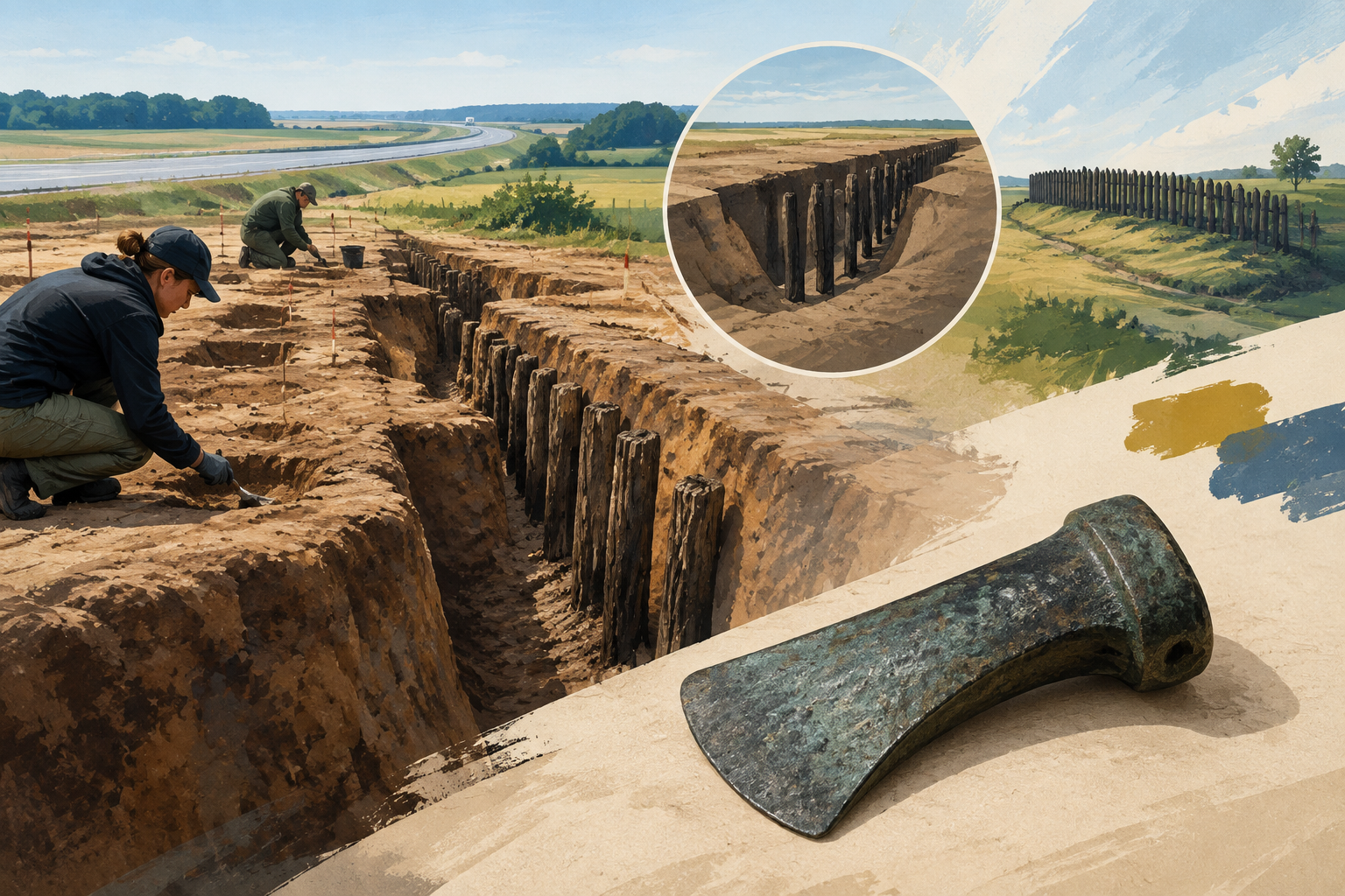 AI-genereret redaktionel illustration til artiklen: Arkæologer finder mulig 2.500 år gammel forsvarslinje ved Korskro