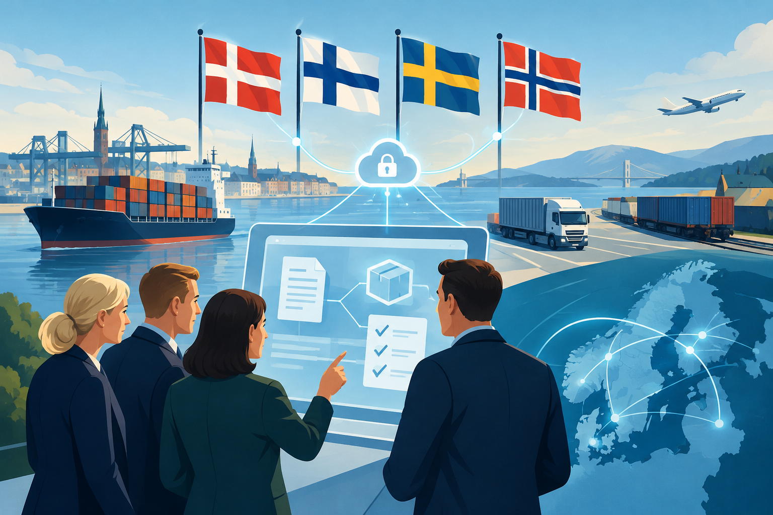 AI-genereret redaktionel illustration til artiklen: Danmark og tre nordiske lande går sammen om digital godsdokumentation