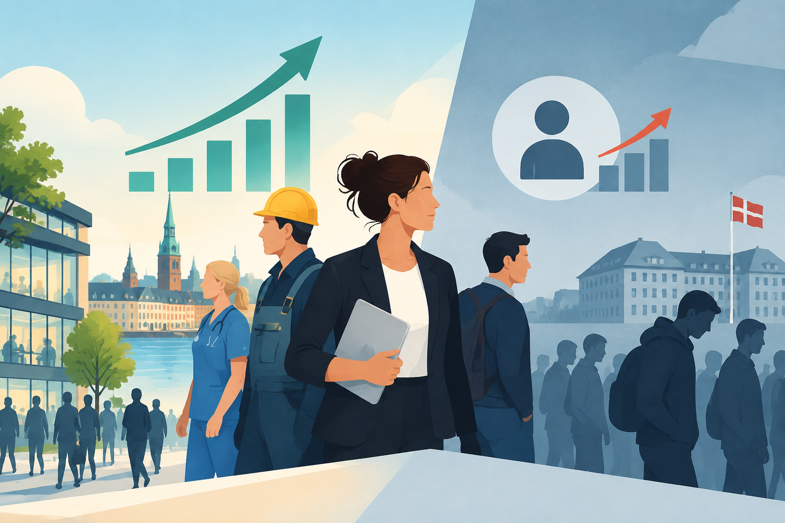 AI-genereret redaktionel illustration til artiklen: Danmark fik 3.600 flere lønmodtagere, mens ledigheden steg en smule