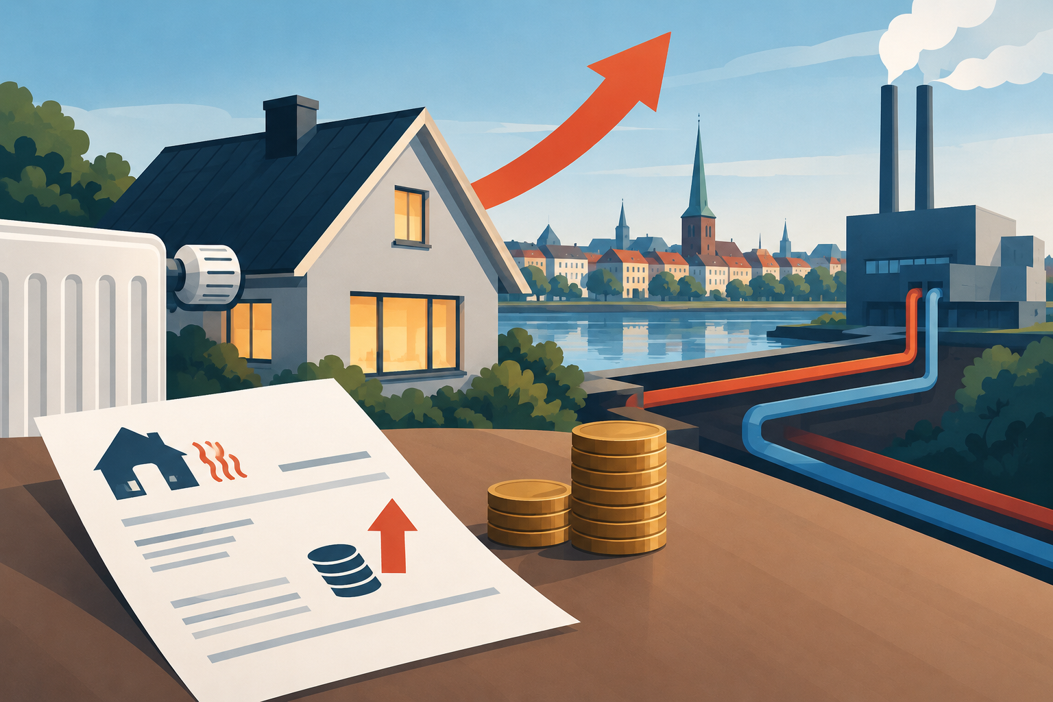AI-genereret redaktionel illustration til artiklen: Verdo varsler dyrere fjernvarme i Randers fra februar
