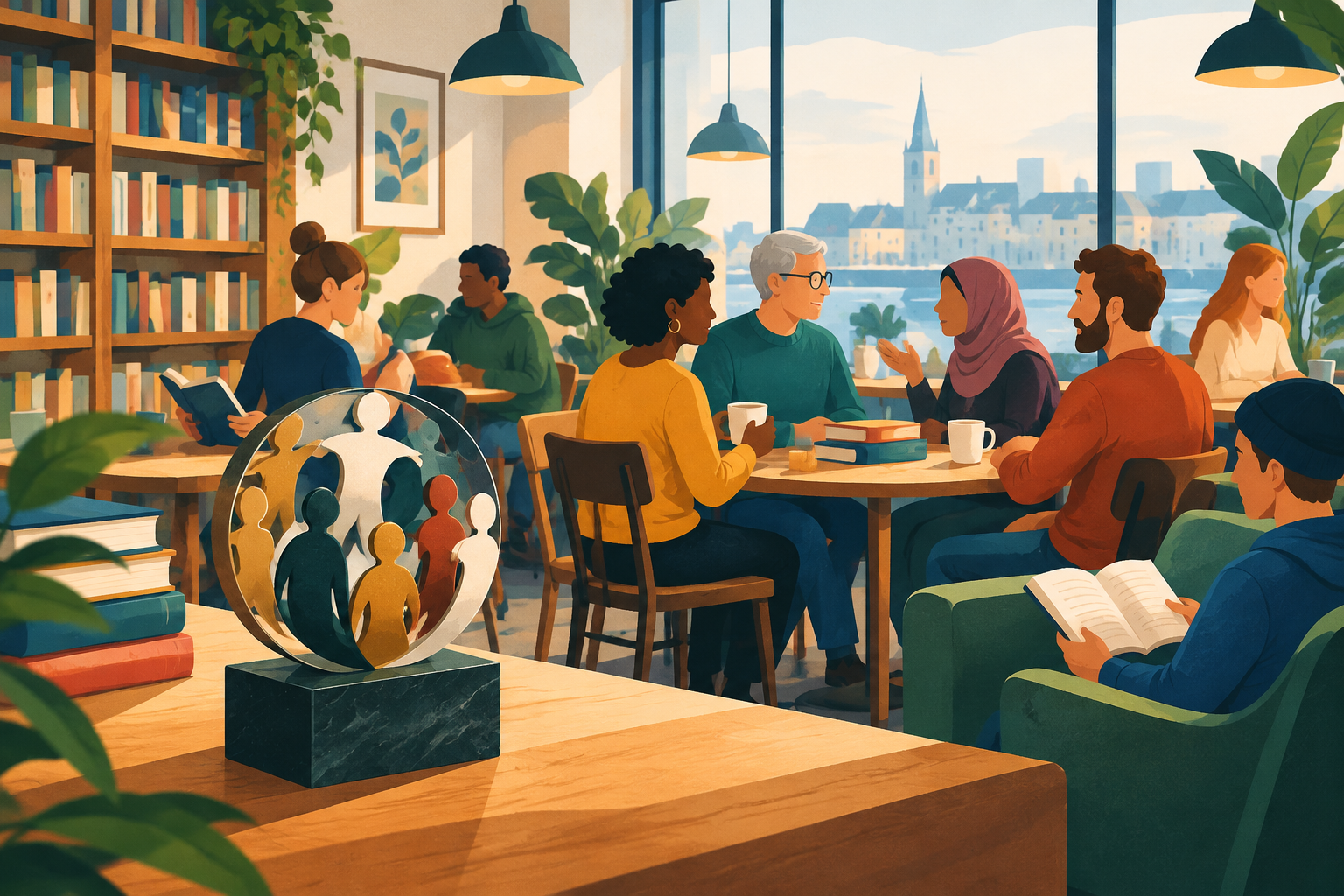 AI-genereret redaktionel illustration til artiklen: Aalborg giver mangfoldighedspris til bogcafe med åbne fællesskaber