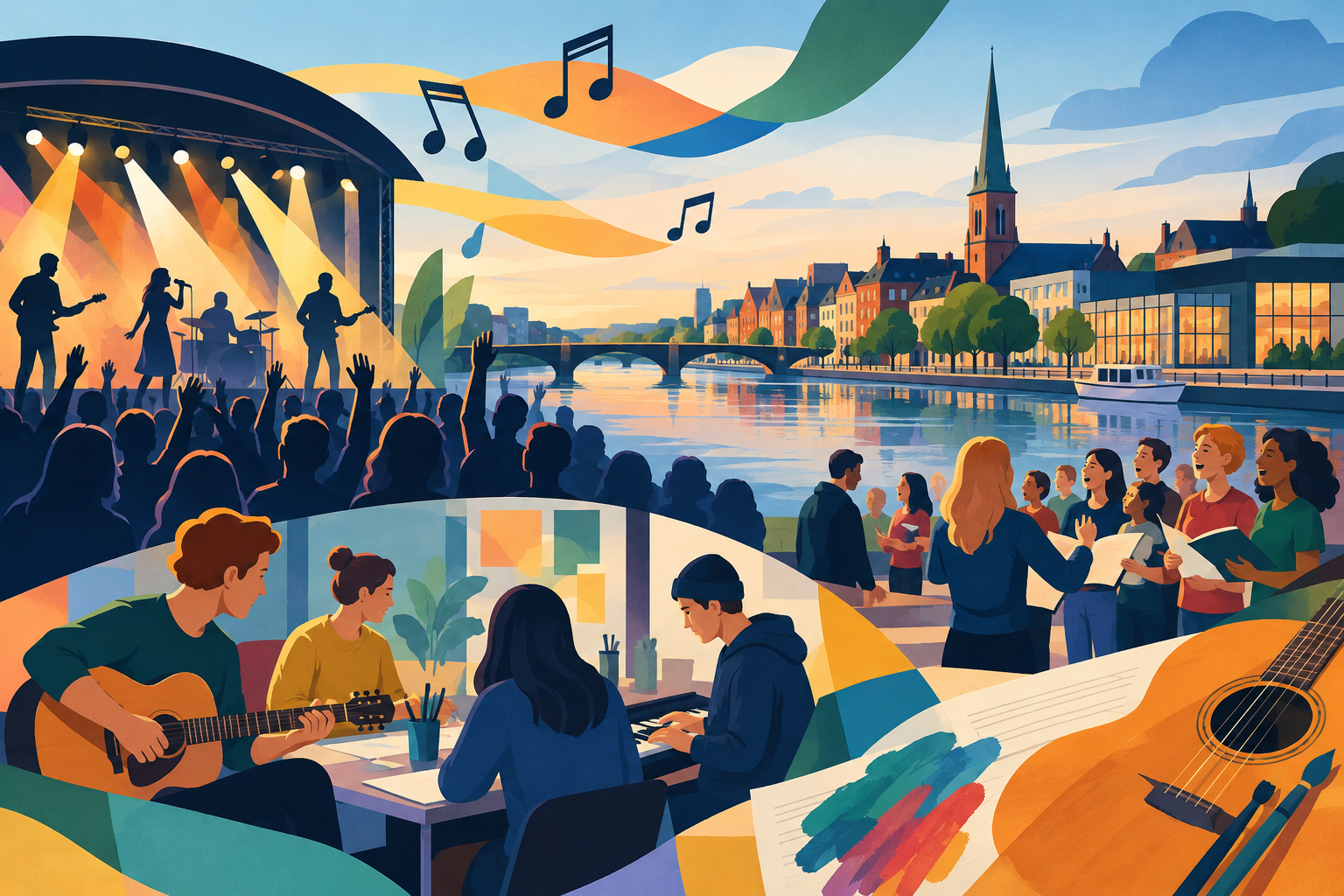 AI-genereret redaktionel illustration til artiklen: Dansk musik fejres i Randers under Spil Dansk 25-års jubilæum
