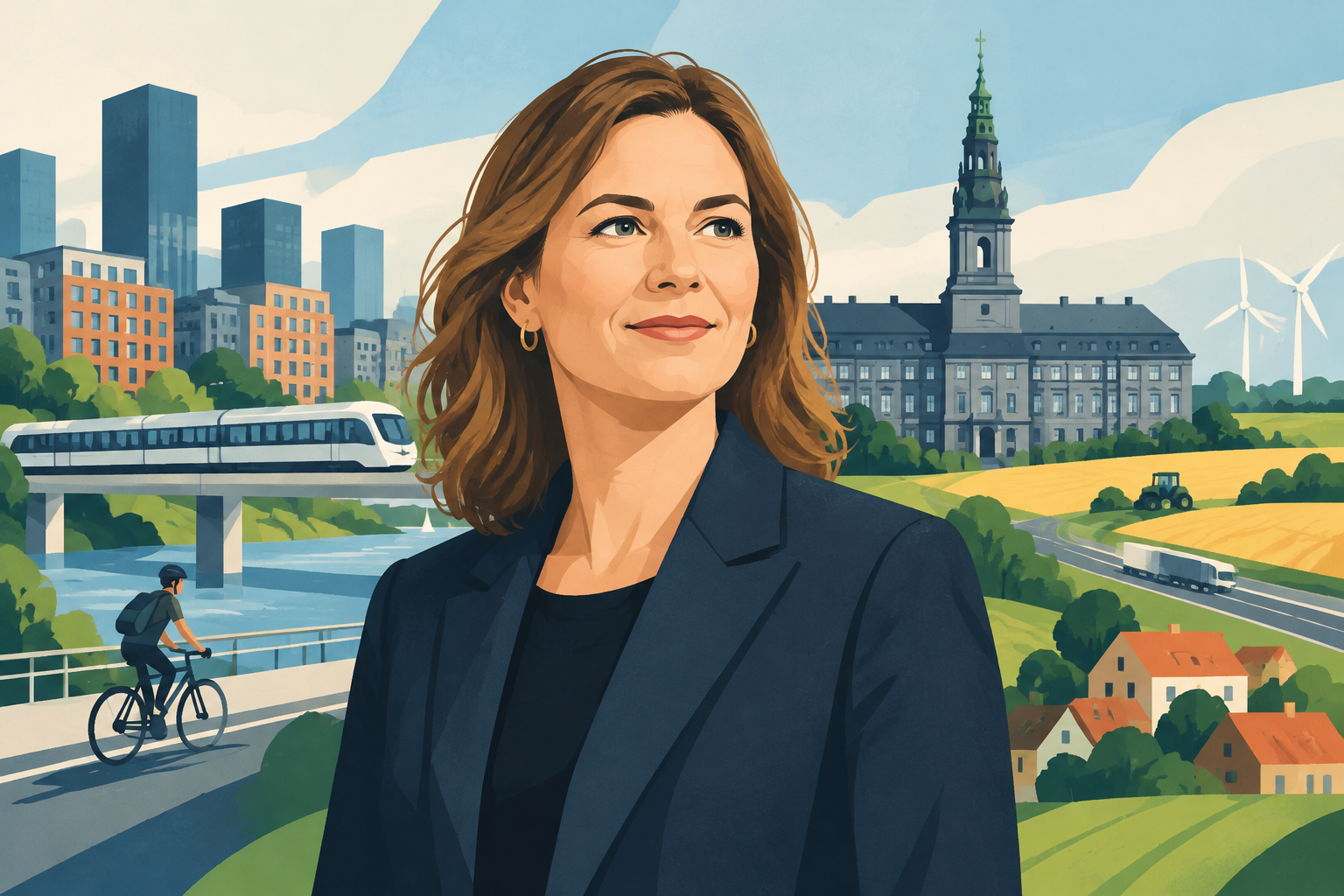 AI-genereret redaktionel illustration til artiklen: Karina Lorentzen Dehnhardt er ny by-, land- og transportminister