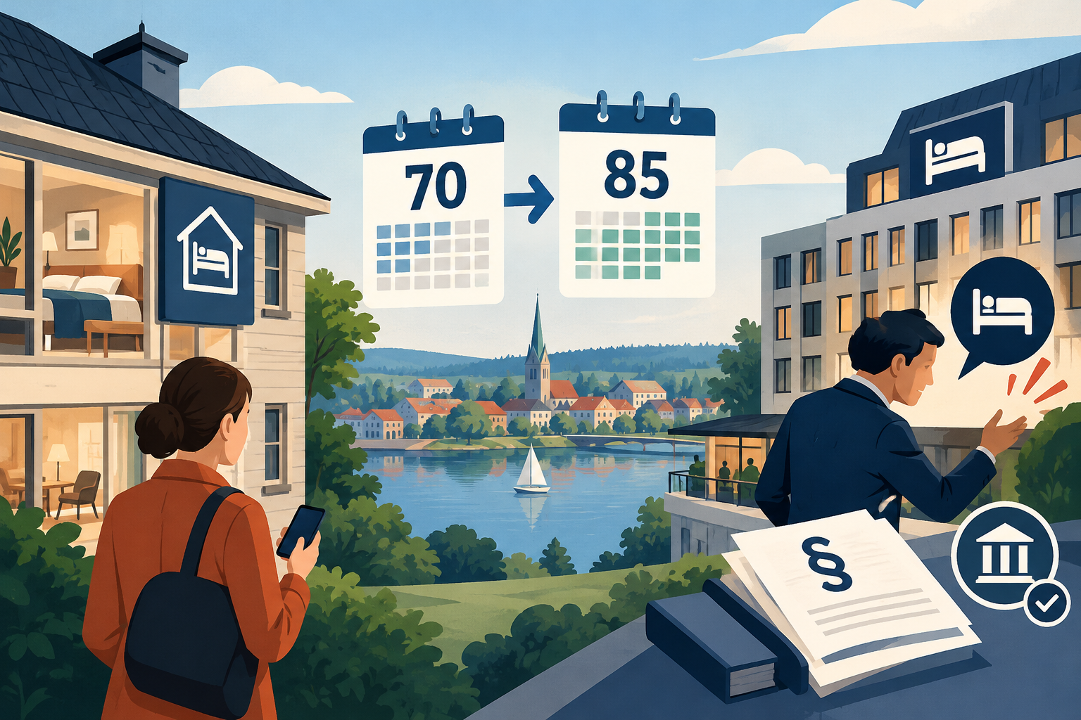 AI-genereret redaktionel illustration til artiklen: Silkeborg hæver Airbnbloftet til 85 dage trods hotelkritik