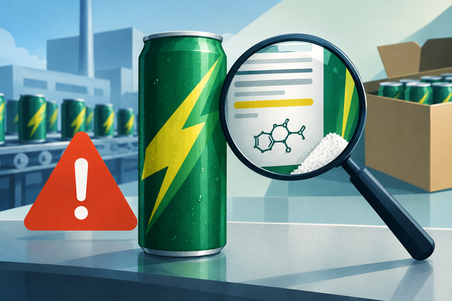 AI-genereret redaktionel illustration til artiklen: Faxe Kondi Booster tilbagekaldes efter fejl i mærkningen