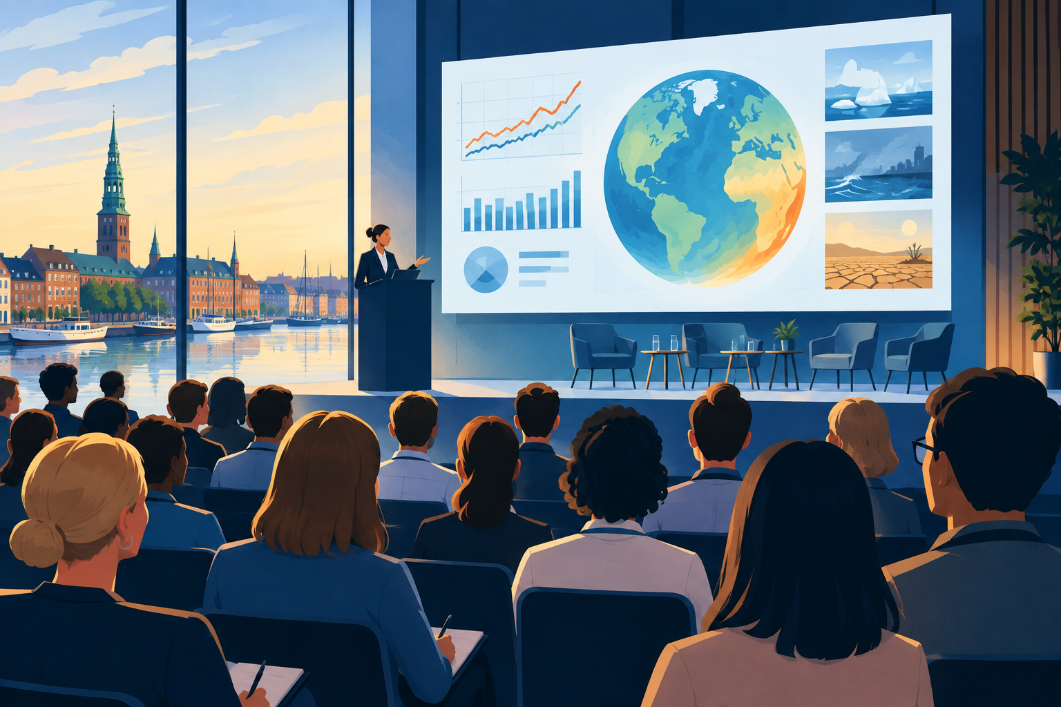 AI-genereret redaktionel illustration til artiklen: DMI afholder klimakonference i København med præsentation af Klimastatus 2026