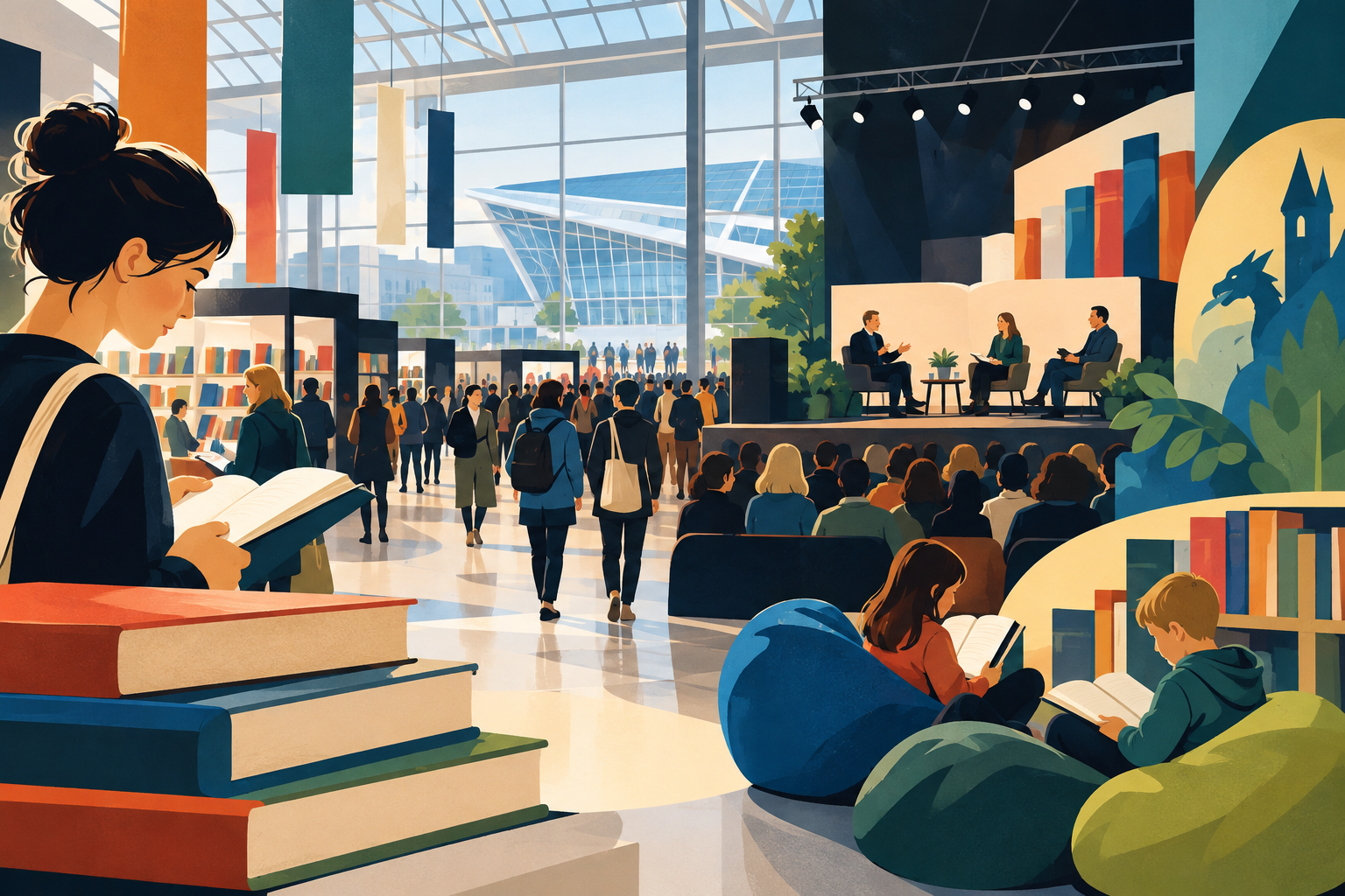 AI-genereret redaktionel illustration til artiklen: Bogforum 2026 åbner i Bella Center med tre dages bogoplevelser