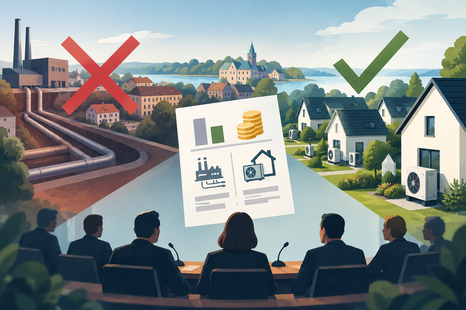 AI-genereret redaktionel illustration til artiklen: Fredensborg opgiver to fjernvarmeprojekter efter nye beregninger