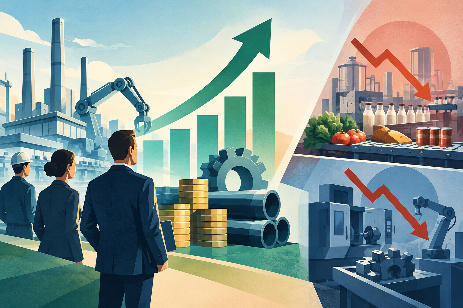 AI-genereret redaktionel illustration til artiklen: Industrien forventer øgede investeringer i 2027, men fødevare- og maskinindustrien ser tilbagegang