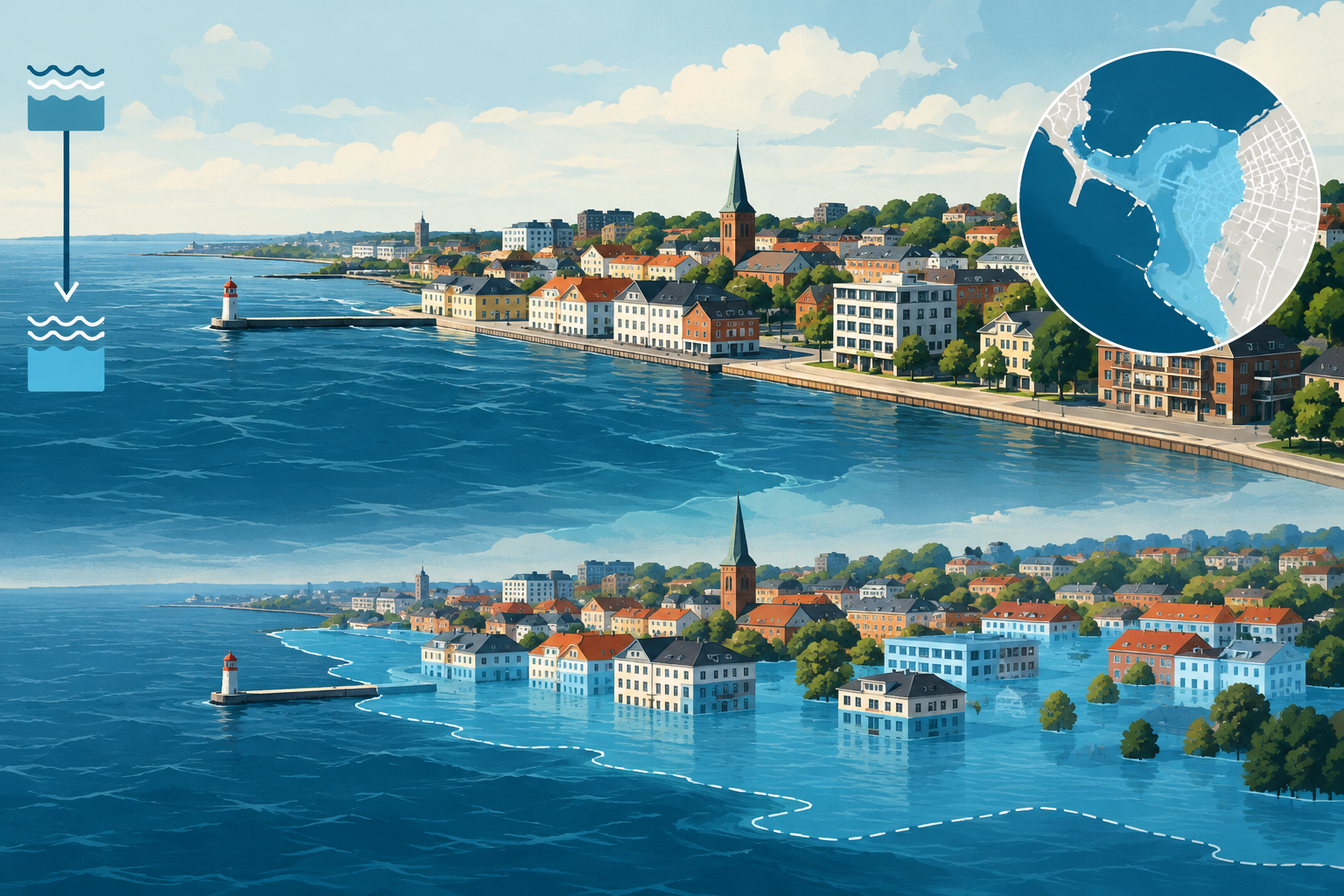 AI-genereret redaktionel illustration til artiklen: DMI: Halv meter højere hav kan øge stormflodstruet bygningsareal med over 150 procent
