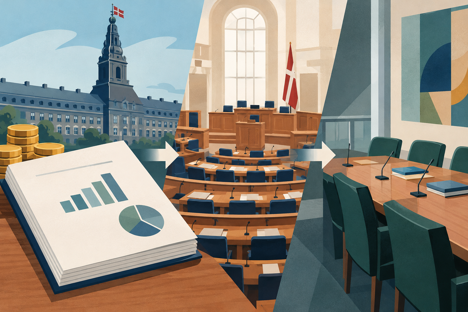 AI-genereret redaktionel illustration til artiklen: Finanslovforslaget for 2027 førstebehandlet og sendt til udvalg