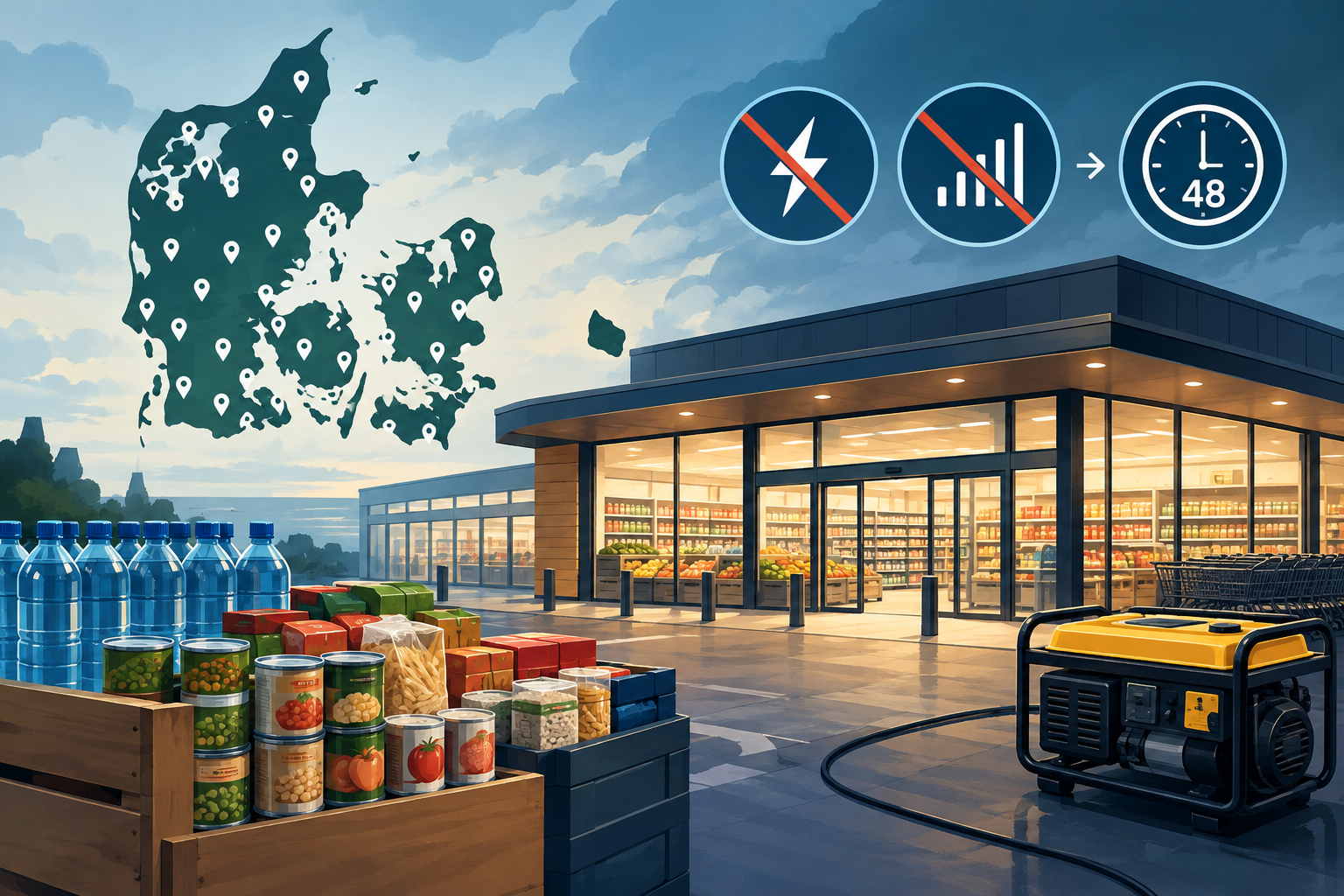 AI-genereret redaktionel illustration til artiklen: 51 danske supermarkeder forberedes til kriser med nødlagre og nødstrøm
