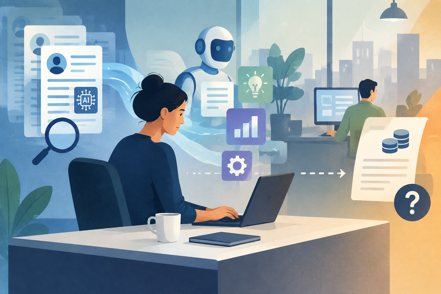 AI-genereret redaktionel illustration til artiklen: AI kan ændre arbejdet, før gevinsten kan ses på lønsedlen