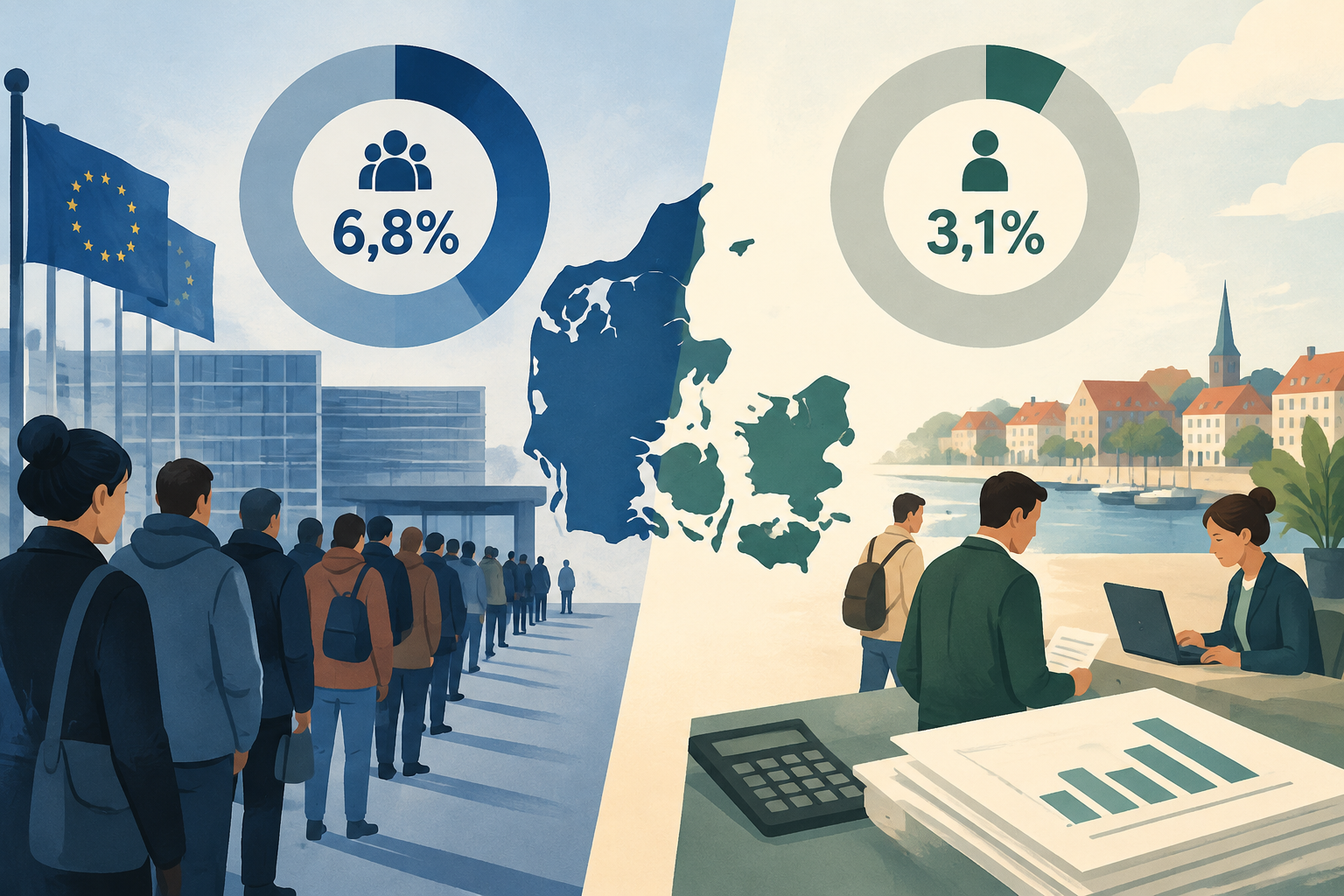 AI-genereret redaktionel illustration til artiklen: To ledighedstal giver forskellige billeder af Danmark i september