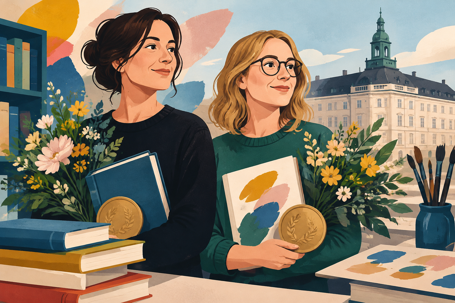 AI-genereret redaktionel illustration til artiklen: Annie Bahnson og Kamilla Wichmann får Kulturministeriets børnebogspriser
