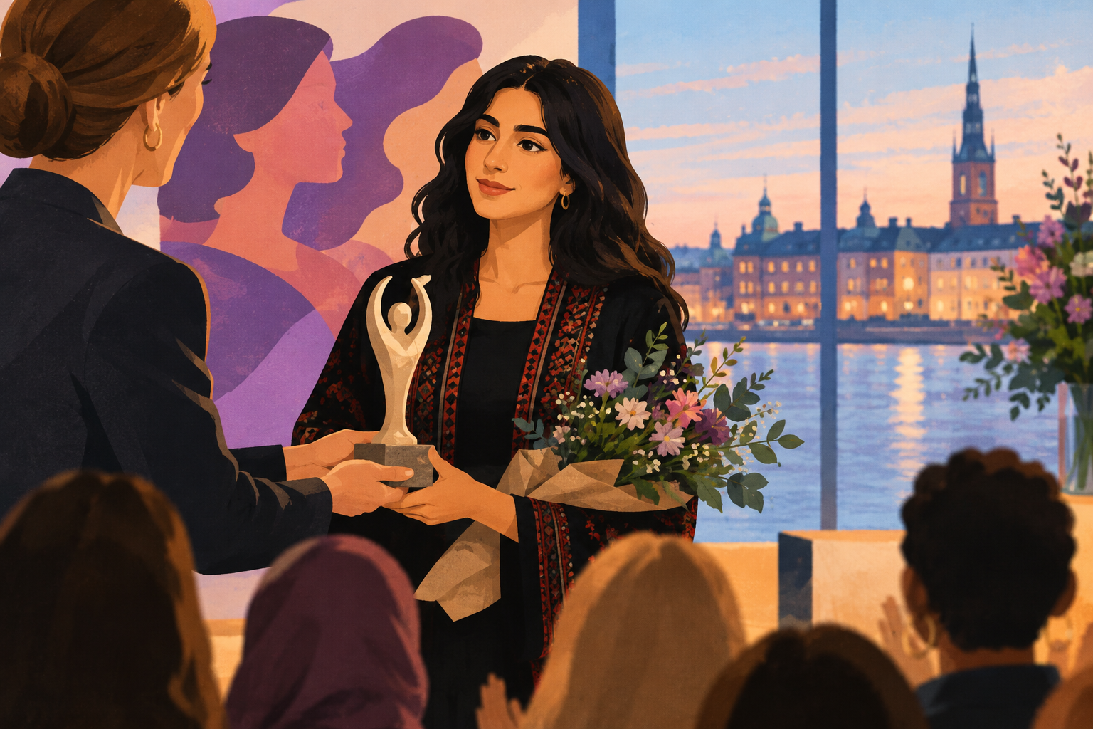 AI-genereret redaktionel illustration til artiklen: Tamara Amer Nouri modtager Pigeprisen 2026 i København