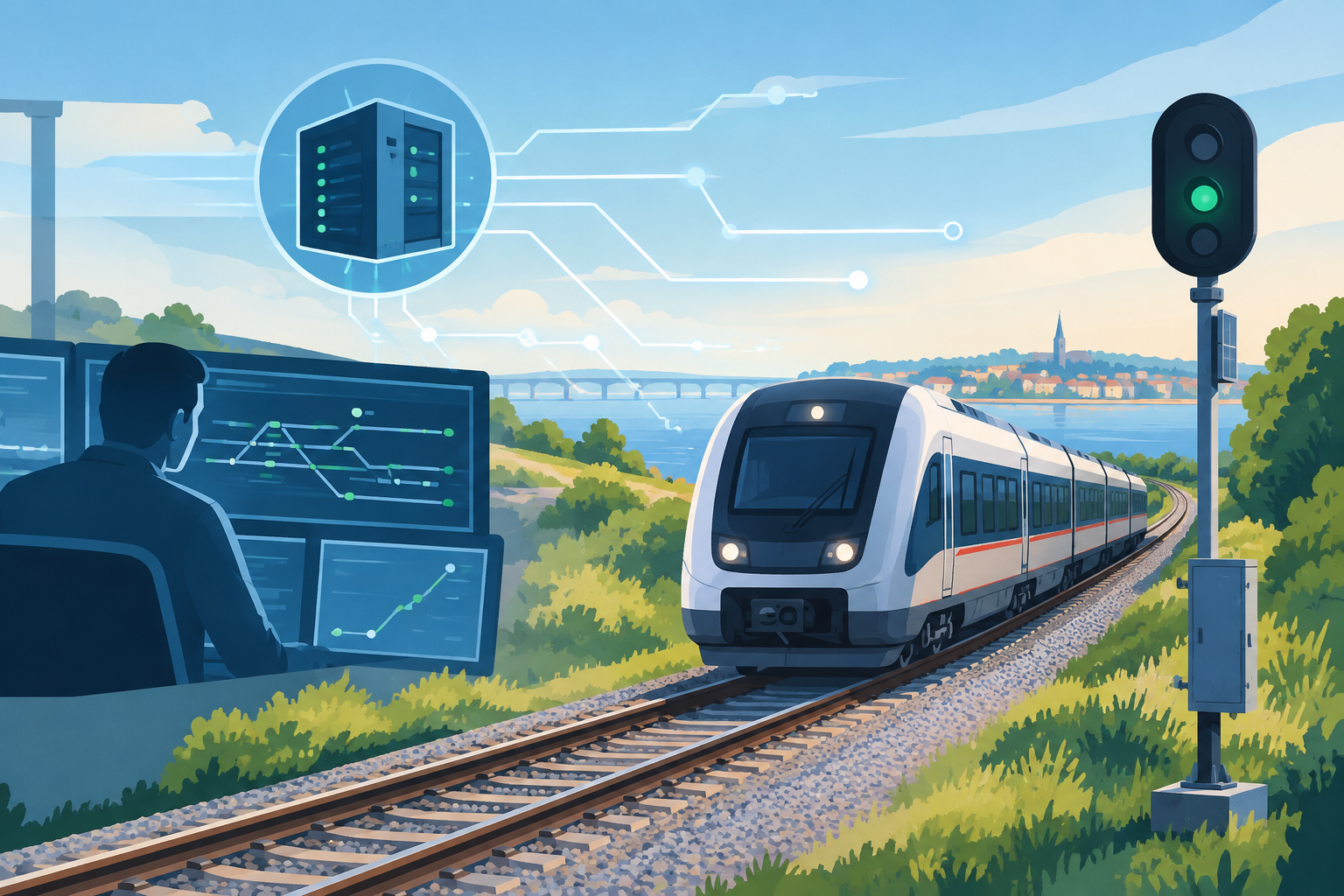 AI-genereret redaktionel illustration til artiklen: Svendborgbanen har taget nyt digitalt signalsystem i brug