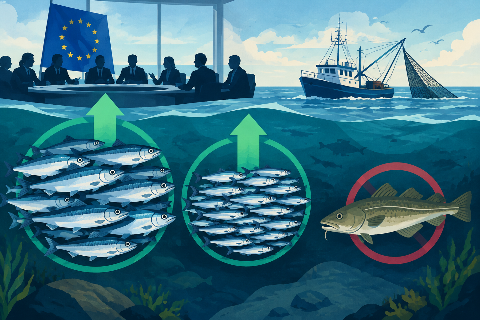 AI-genereret redaktionel illustration til artiklen: EU aftaler højere kvoter for sild og brisling i Østersøen