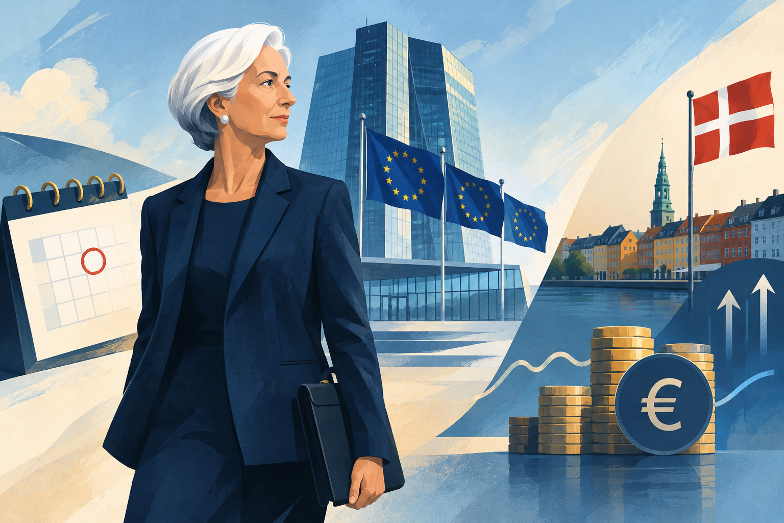 AI-genereret redaktionel illustration til artiklen: Lagarde forlader ECB i februar, også relevant for Danmark