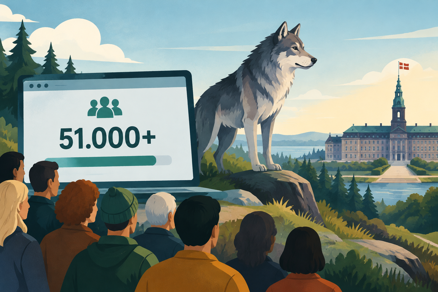 AI-genereret redaktionel illustration til artiklen: Borgerforslag om fritgående ulve passerer 50.000 støtter