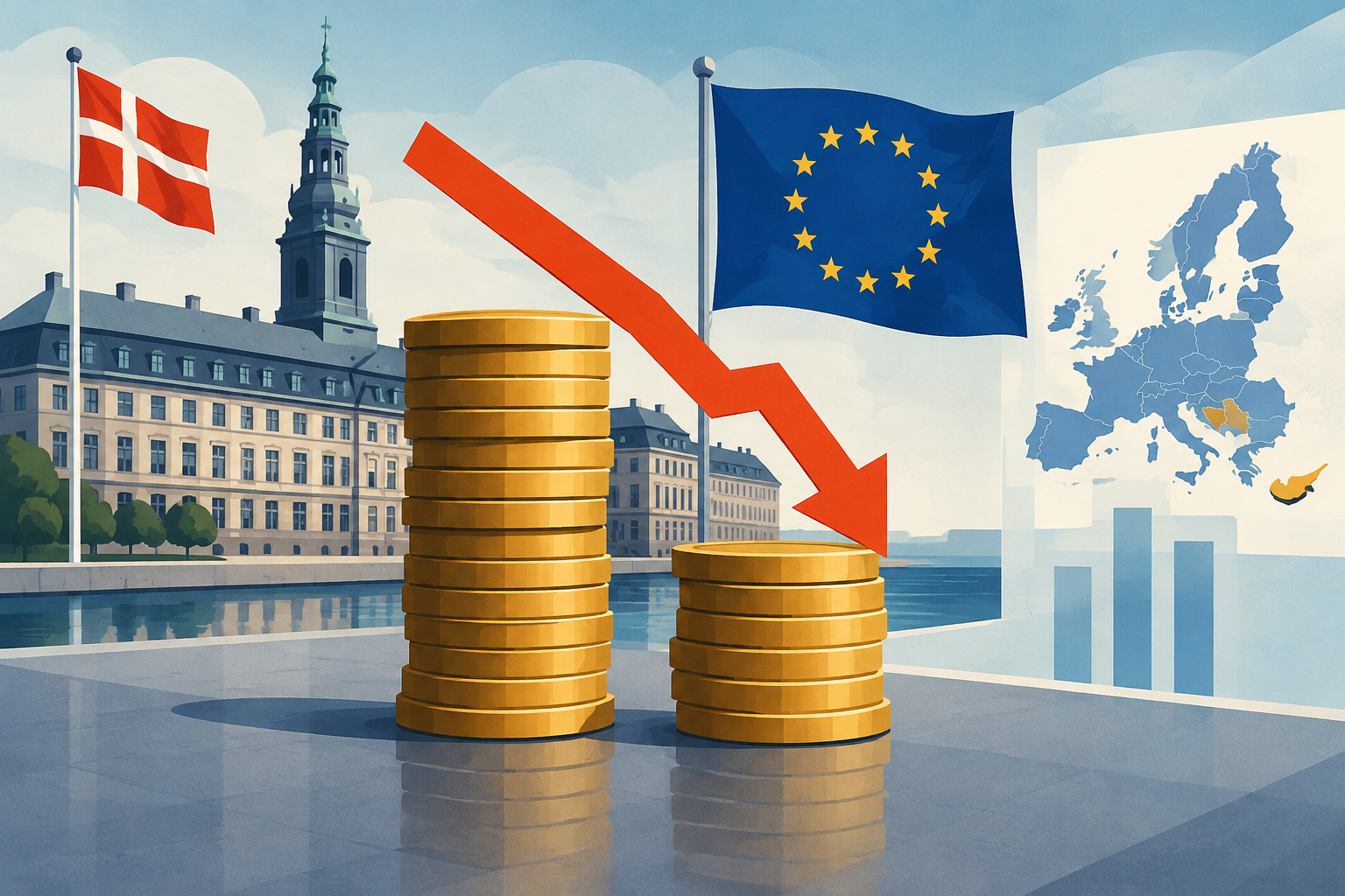 AI-genereret redaktionel illustration til artiklen: Nye EU-tal: Danmarks offentlige overskud faldt med næsten 33 milliarder