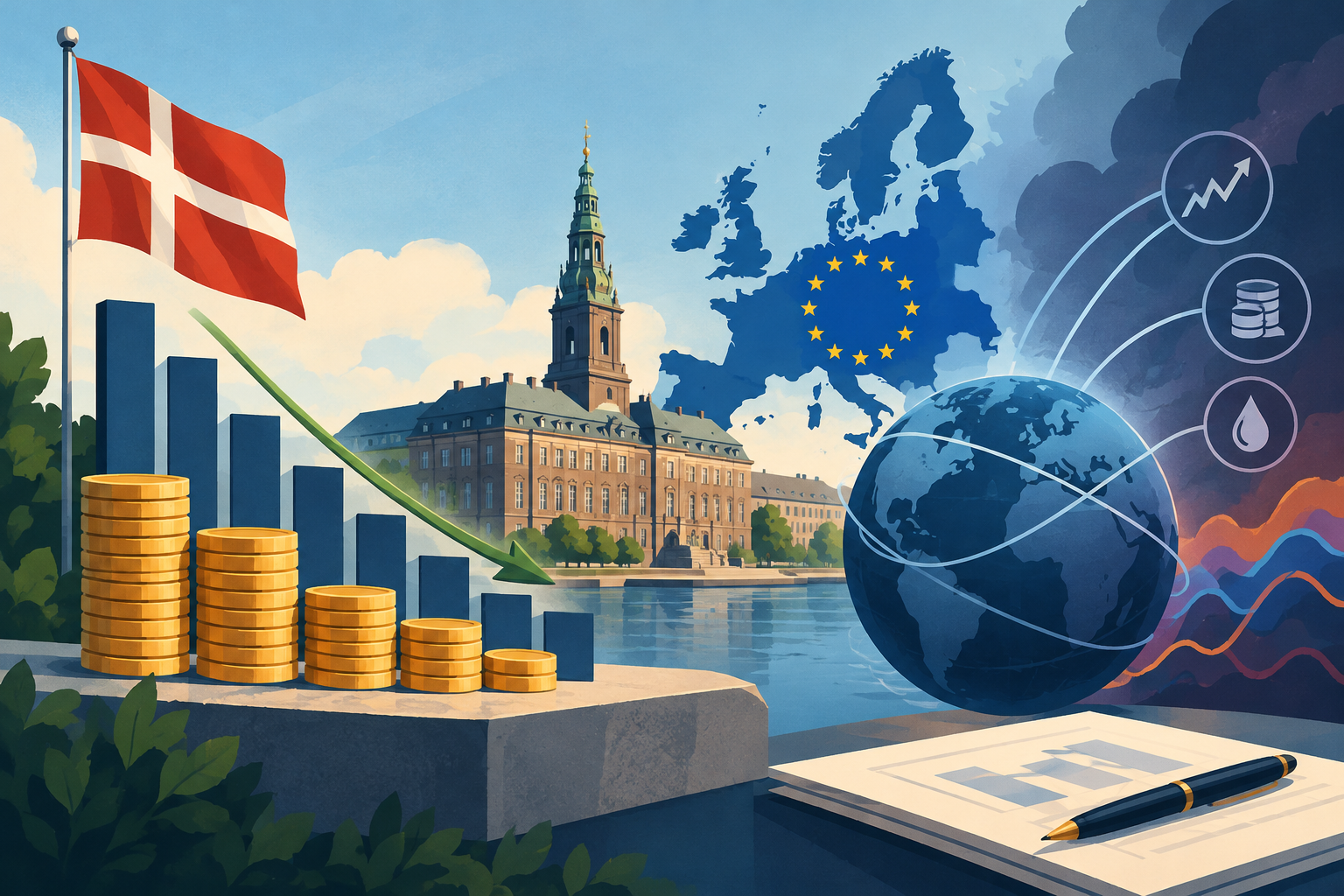 AI-genereret redaktionel illustration til artiklen: Danmarks lave offentlige bruttogæld i EU: Udvikling og økonomiske rammer
