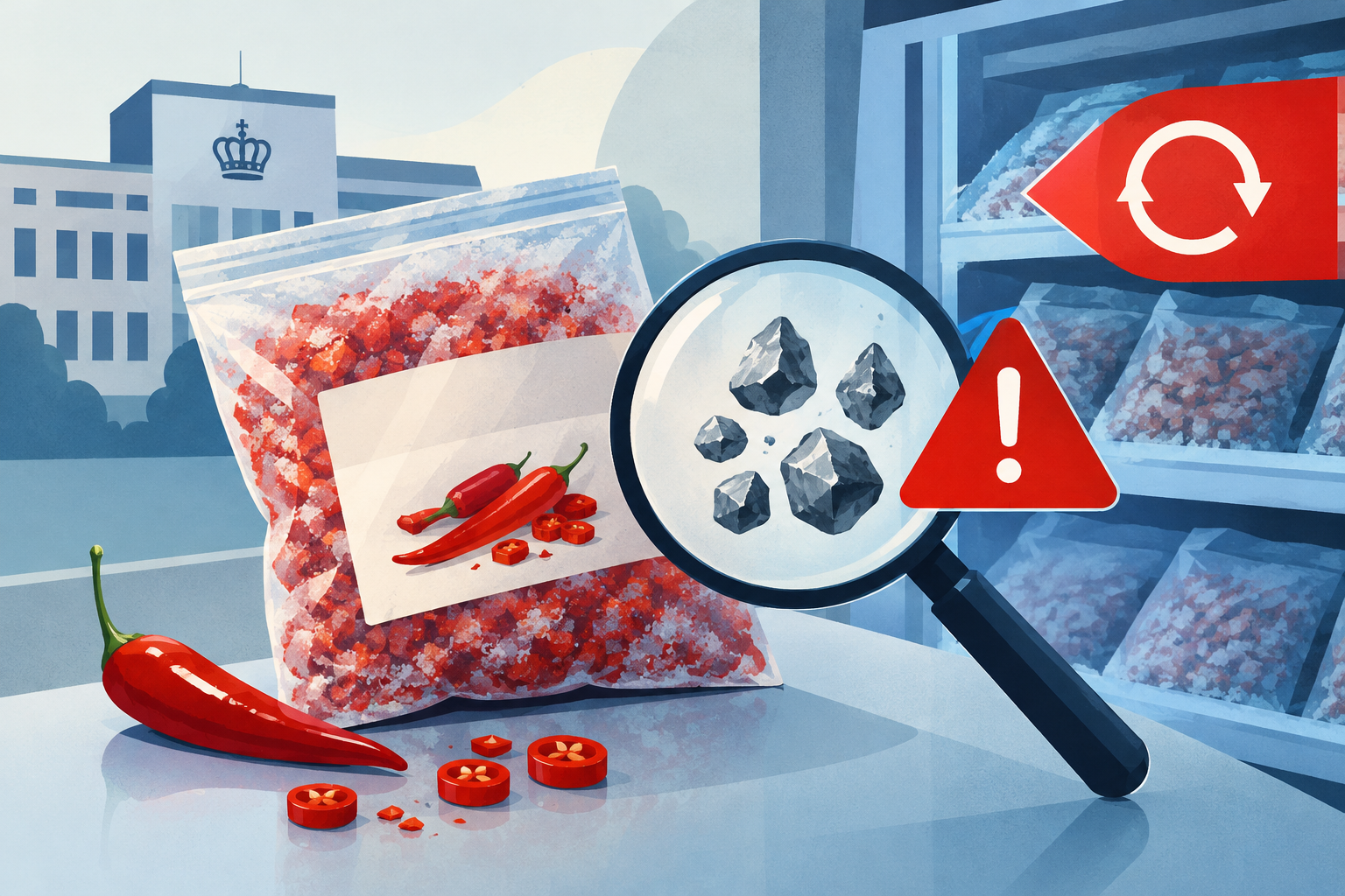 AI-genereret redaktionel illustration til artiklen: Coop tilbagekalder frossen chili efter fund af cadmium