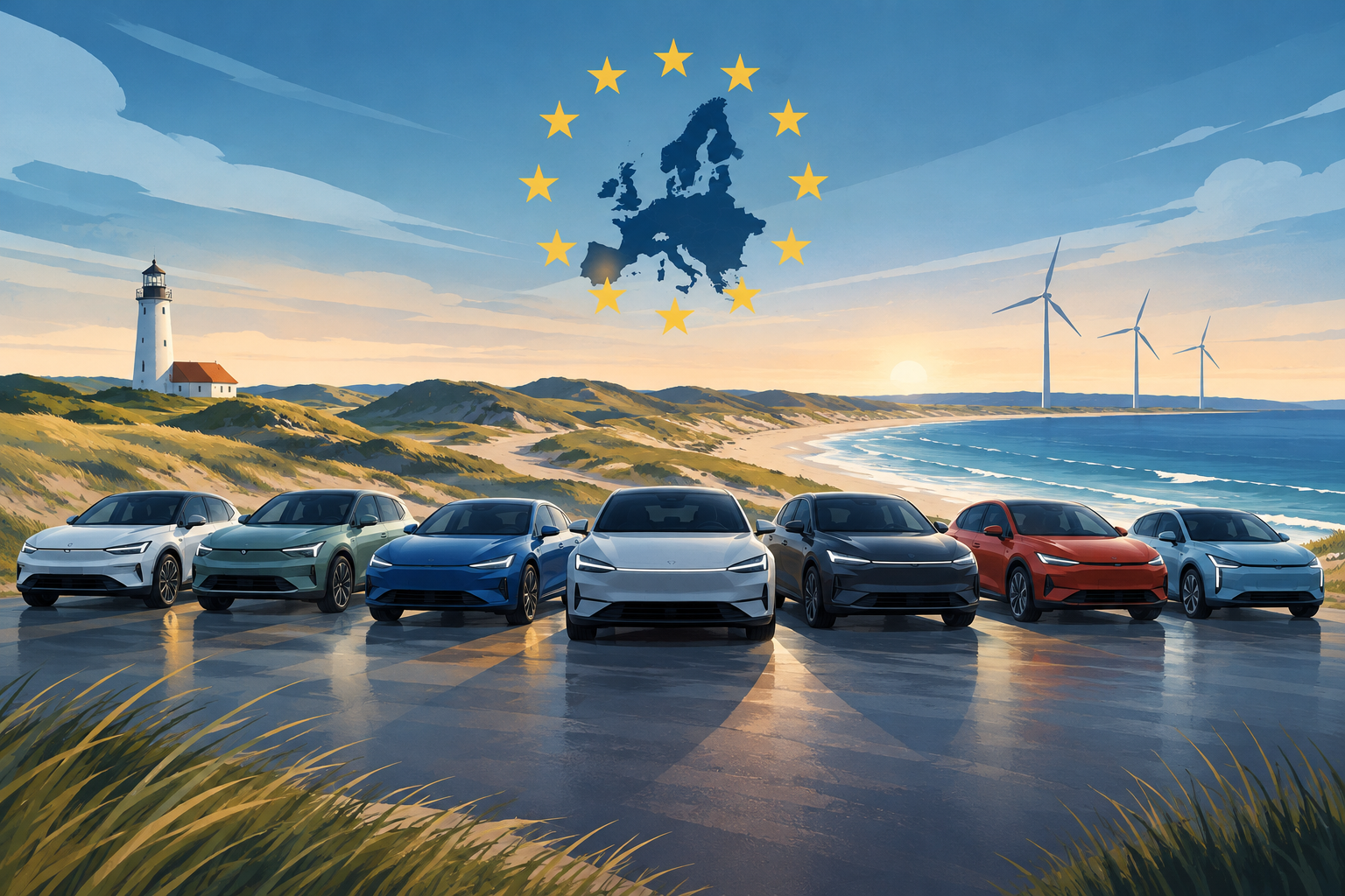AI-genereret redaktionel illustration til artiklen: Syv elbiler i europæisk bilfinale efter test i Nordjylland