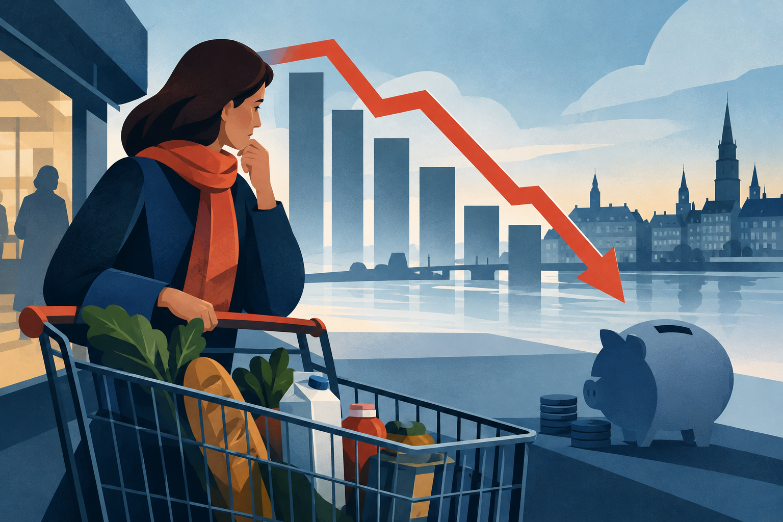 AI-genereret redaktionel illustration til artiklen: Danskernes forbrugertillid falder til minus 17,2 i oktober
