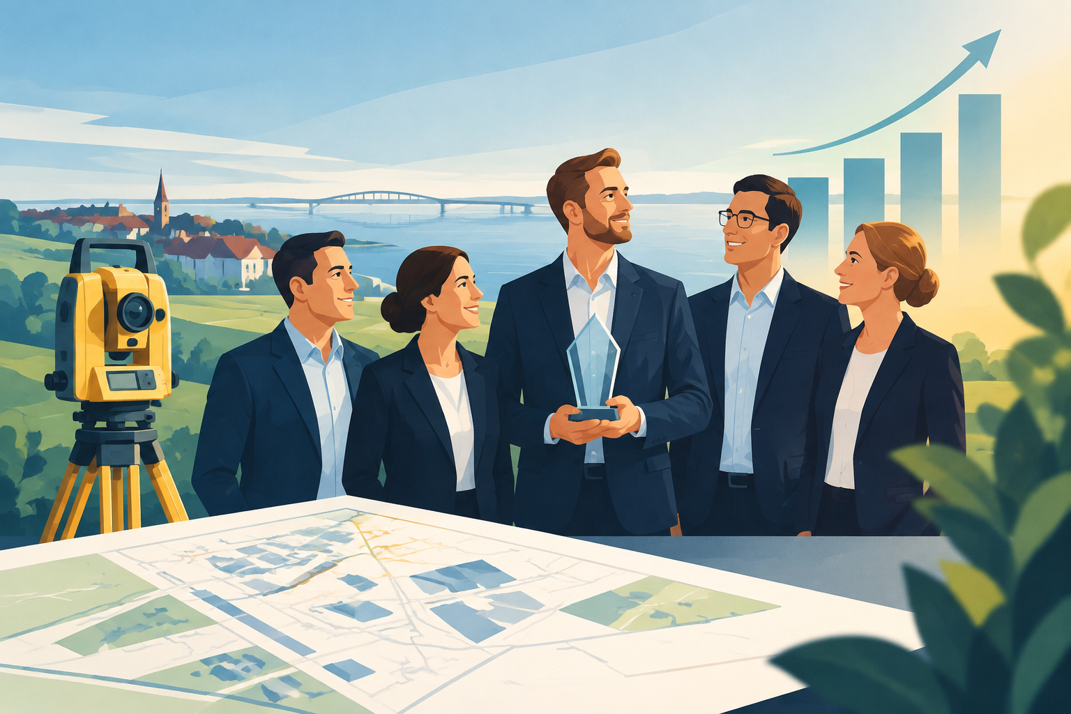 AI-genereret redaktionel illustration til artiklen: Landinspektørfirma fra Slagelse får regional ejerlederpris