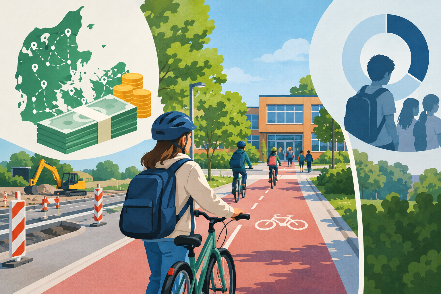 AI-genereret redaktionel illustration til artiklen: 34 cykelprojekter får 269,9 mio. kr. med særligt fokus på skoleveje