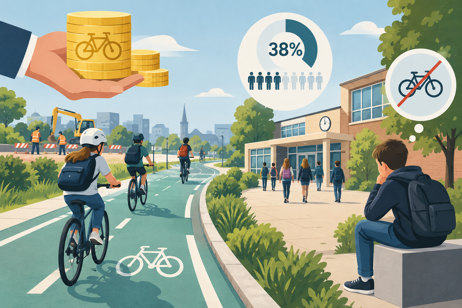 AI-genereret redaktionel illustration til artiklen: 34 cykelprojekter får 269,9 mio. kr. med særligt fokus på skoleveje
