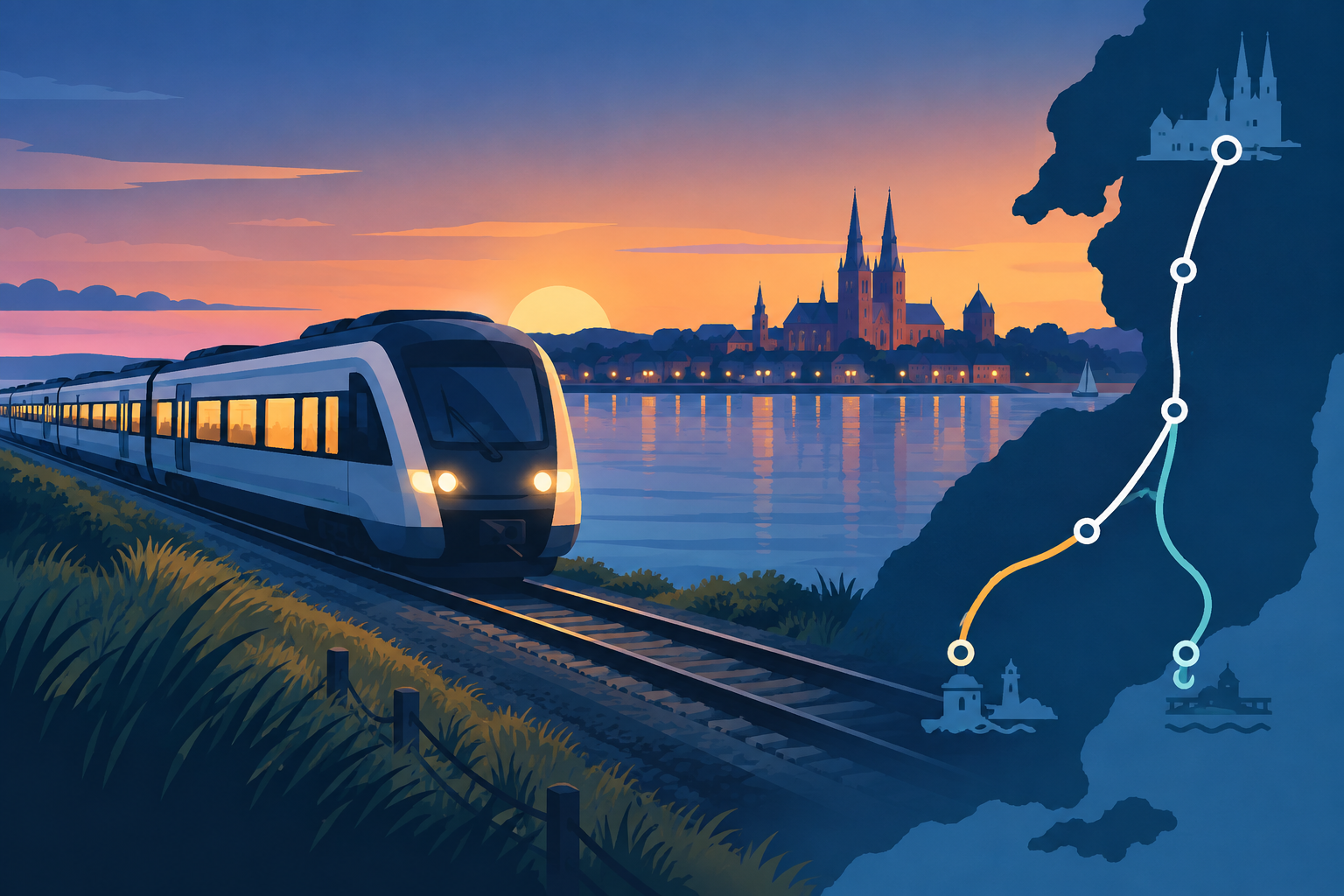 AI-genereret redaktionel illustration til artiklen: Østbanen får flere direkte aftentog til Roskilde fra december