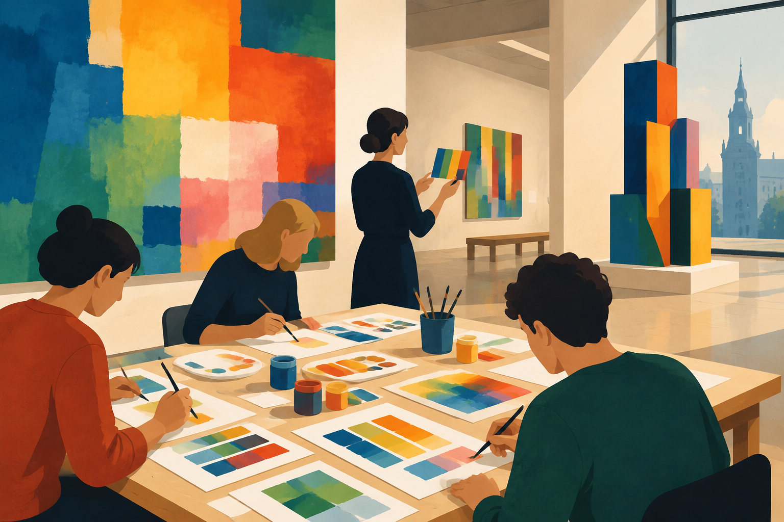 AI-genereret redaktionel illustration til artiklen: Horsens Kunstmuseum inviterer til farveworkshop med fokus på Erik A.s farveskalaer