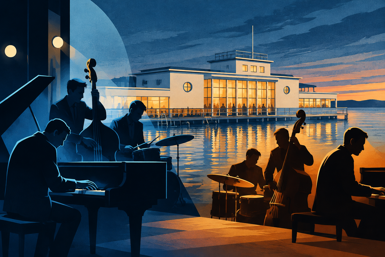 AI-genereret redaktionel illustration til artiklen: To jazztrioer mødes på Badeanstalten i Slagelse lørdag aften