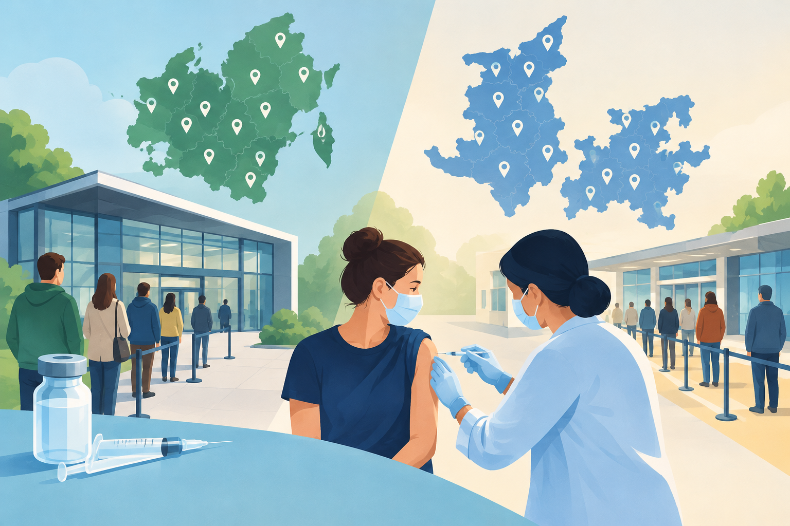 AI-genereret redaktionel illustration til artiklen: Efter Sjælland åbner Syddanmark også for fremmøde uden vaccinationstid