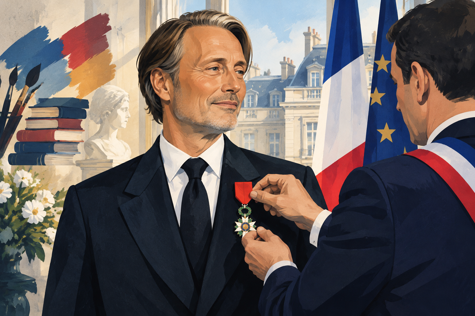 AI-genereret redaktionel illustration til artiklen: Mads Mikkelsen hædret som officer i fransk kunstorden