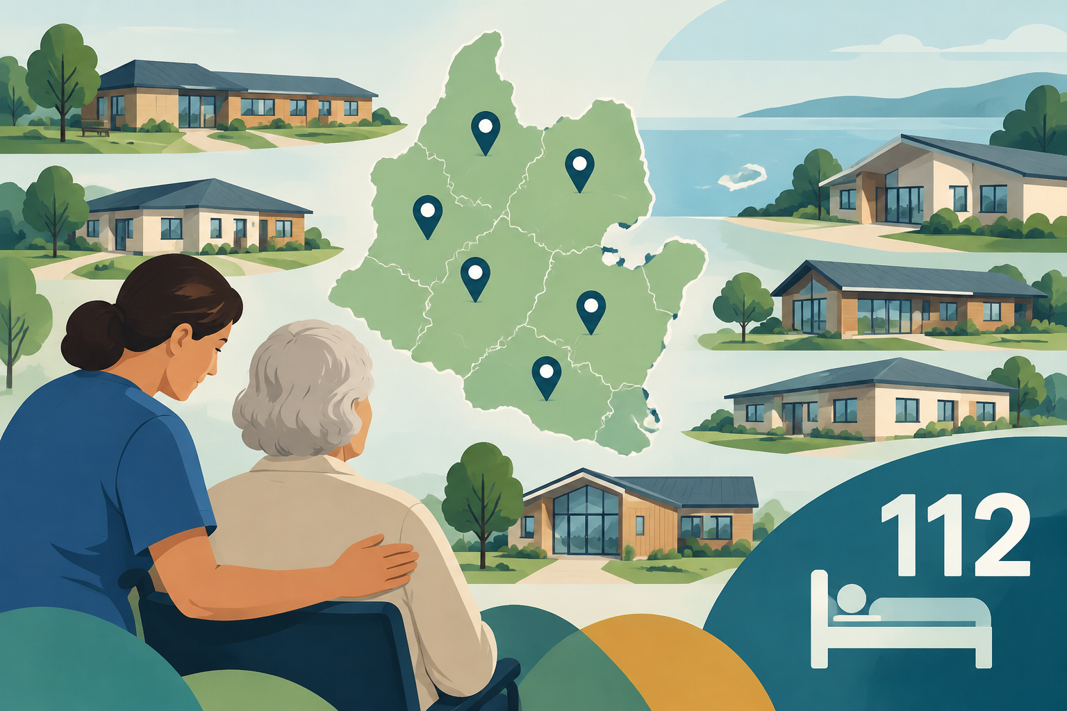AI-genereret redaktionel illustration til artiklen: Region samler 112 omsorgspladser på seks adresser i Kronjylland