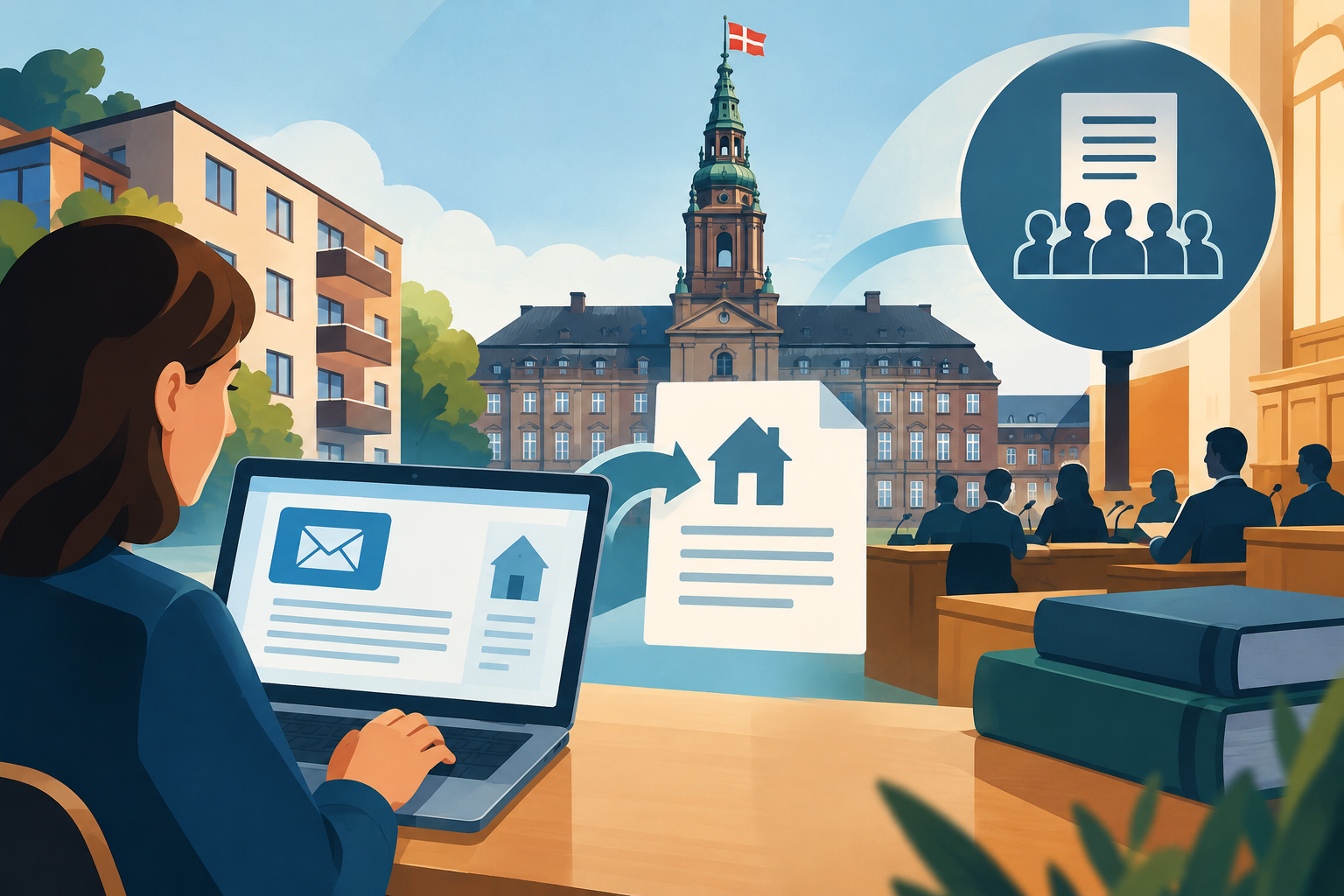 AI-genereret redaktionel illustration til artiklen: Folketinget har digital post ved lejeopsigelser på dagsordenen