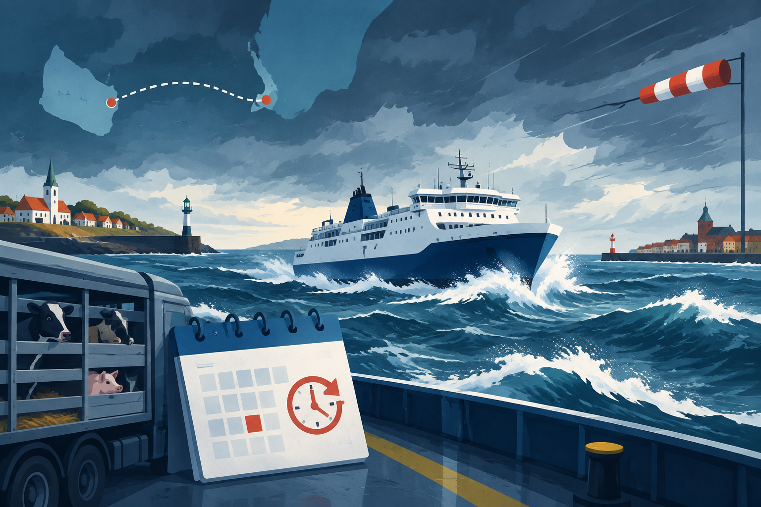 AI-genereret redaktionel illustration til artiklen: Kraftig blæst ændrer færgeafgange mellem Bornholm og Ystad søndag