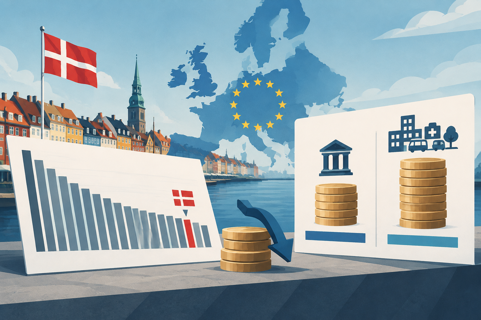 AI-genereret redaktionel illustration til artiklen: Danmark har EU's næstlaveste offentlige bruttogæld i ny kvartalsopgørelse